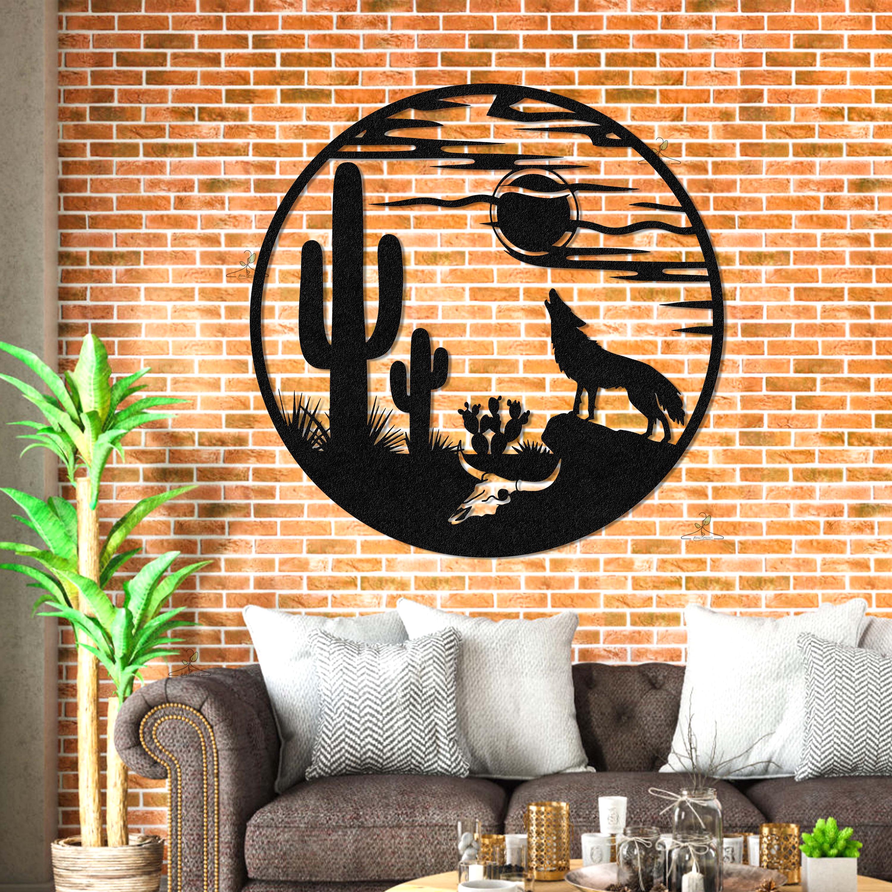 Howling Wolf Metal Art: Desert Cactus Scene, Outdoor Wall Decor - Etsy