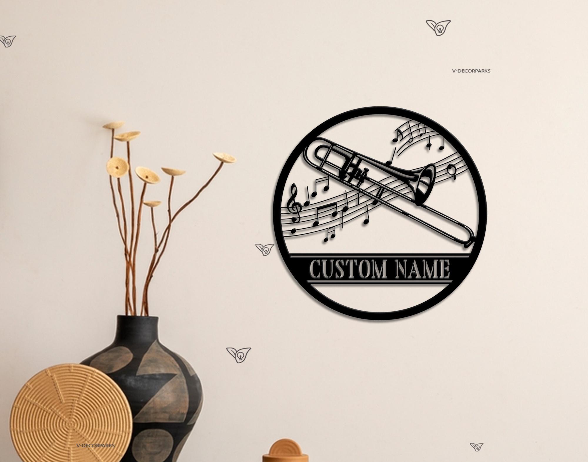 Trombone Strumento musicale personalizzato Arte murale in metallo, cartello con nome del giocatore personalizzato Decorazione per la casa Musica jazz Decorazione per la stanza classica Regalo per la casa