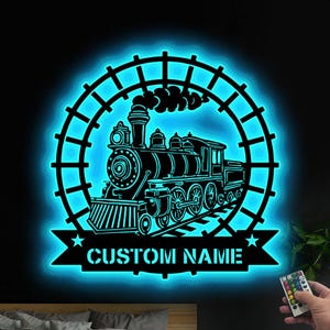 Personalized Train Metal Wall Art: LED Railroad Sign, Man Cave Decor