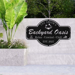 Personalized Backyard Oasis Metal Sign: Custom Family Name Pool Decor