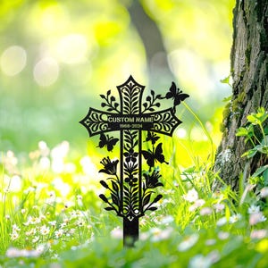 Personalized Butterfly Cross Memorial Stake: Custom Metal Garden Grave Marker