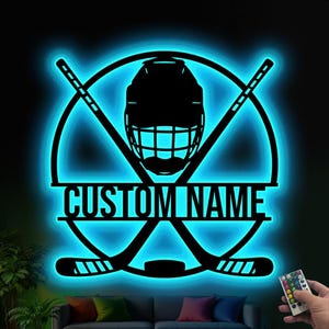 Art mural personnalisé en métal pour hockey sur glace, lumières LED, panneau de joueur personnalisé, décoration d&#39;intérieur, enfant, garçon, amoureux, décoration de chambre d&#39;enfant, cadeaux de Noël
