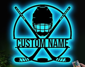 Personalized Ice Hockey Metal Wall Art LED Lights, Custom Player Stick Sign Home Decor Kid Boy Girl Lover Nursery Decoration Christmas Gifts