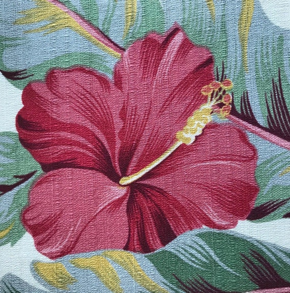 Hawaiian Print Barkcloth Pink Hibiscus Ivory Tropical Drapery Etsy