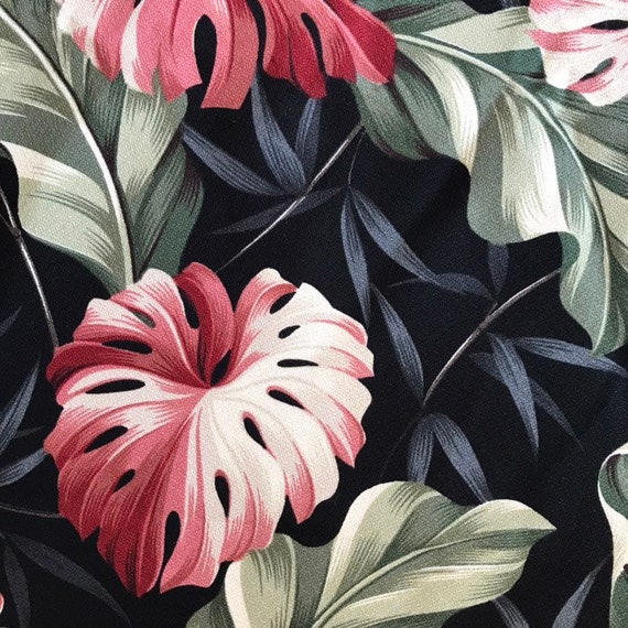 Nubby Barkcloth Monstera Fronds On Black Tropical Drapery Etsy