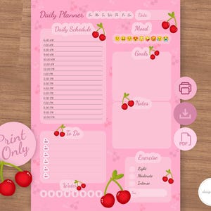 Puede incluir: Planificador diario rosa con ilustraciones de cerezas. Incluye secciones para el horario diario, el estado de ánimo, los objetivos, las notas, la lista de tareas, la ingesta de agua y el seguimiento del ejercicio. Con el texto "Print Only".