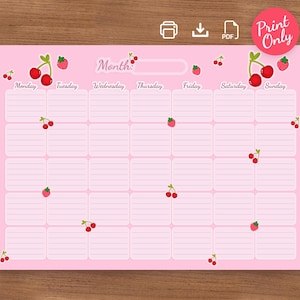 Cute Cherry & Strawberry Calendar | Pink Fruit Theme Digital Download | PDF Organizer | Printable Monthly Planner