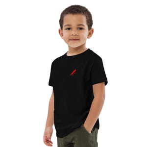 May include: Black short-sleeved t-shirt with a small red graphic on the chest. The graphic appears to be a stylized design. The shirt is made of a soft material and is suitable for children.
