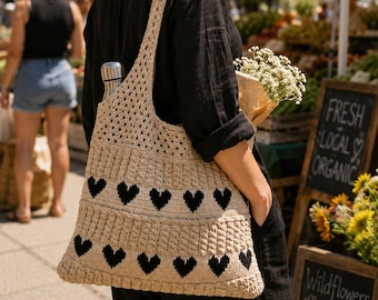 Heart Knit Tote Bag | Crochet Shoulder Bag
