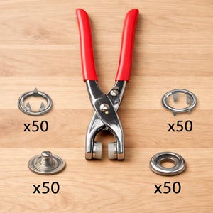 May include: A metal snap fastener tool with red handles is displayed with four sets of snap fasteners. Each set includes 50 pieces. The fasteners are silver and the tool is silver and red.