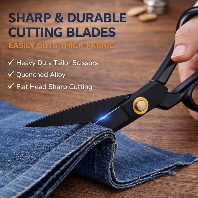 Puede incluir: Tijeras de sastre negras cortando tela vaquera. Las tijeras tienen un pivote dorado y el texto "SHARP & DURABLE CUTTING BLADES" es visible. El texto tambi&eacute;n dice "EASILY CUTS THICK FABRIC", "Heavy Duty Tailor Scissors", "Quenched Alloy" y "Flat Head Sharp Cutting".