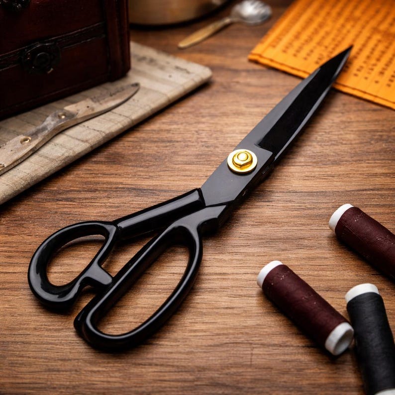 Puede incluir: Un par de tijeras de costura de metal negro con un tornillo de pivote de color dorado. Las tijeras tienen dos grandes aros redondeados para los dedos y hojas largas y afiladas, situadas junto a varios carretes de hilo de coser oscuro.