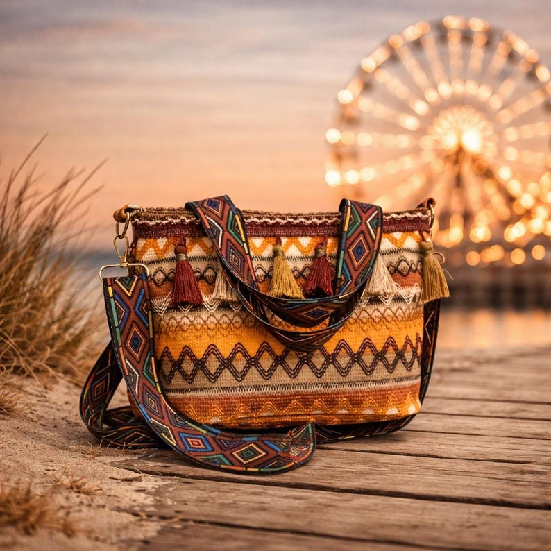 May include: A woven shoulder bag with a colorful geometric strap and tassels. The bag features a pattern of diamonds and zigzags in shades of orange, brown, and cream. The bag is sitting on a wooden surface.