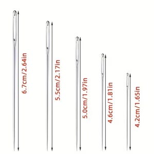 May include: Five silver sewing needles of different lengths are displayed. The longest needle is 6.7 cm, and the shortest is 4.2 cm. Each needle has a large eye for easy threading. Suitable for various sewing tasks.