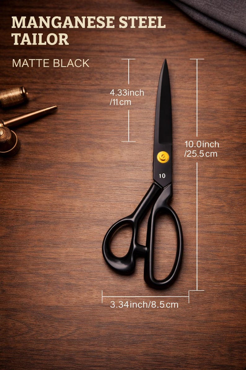 Puede incluir: Tijeras de sastre de acero al manganeso en negro mate con un tornillo de pivote amarillo. Las tijeras miden 25,5 cm de largo total, con una hoja de 11 cm y un ancho de 8,5 cm. El texto MANGANESE STEEL TAILOR y MATTE BLACK es visible.