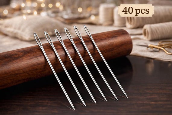 Large-Eye Hand Sewing Needles - Easy Threading, Stainless Steel (40pcs, Wooden Case Included)