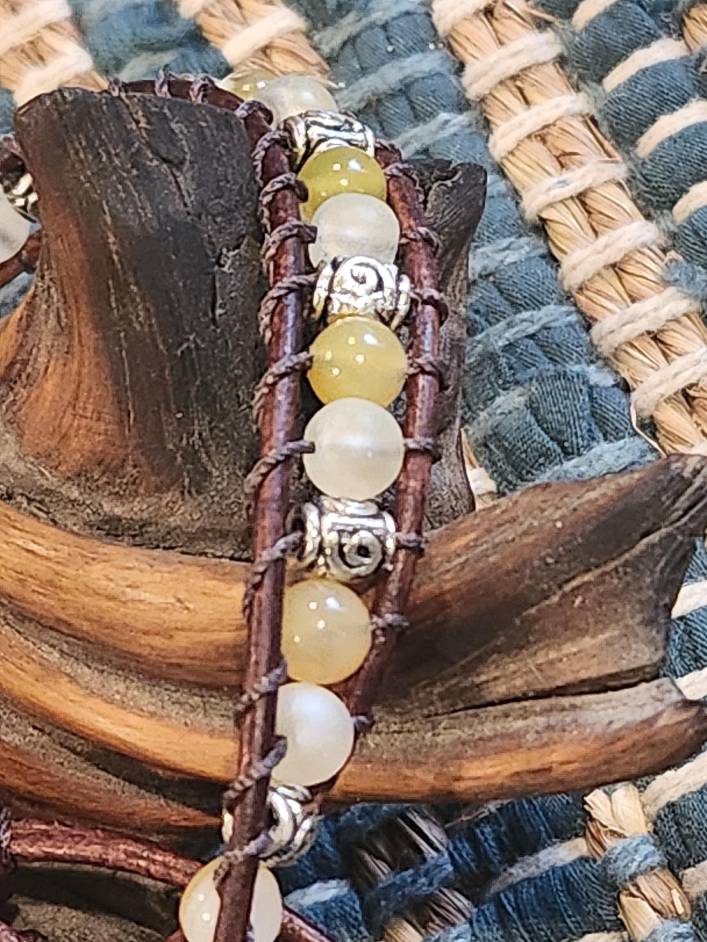 Handmade Double-wrap Beaded Leather Bracelet, Gemstone Beads - Thumbnail 2