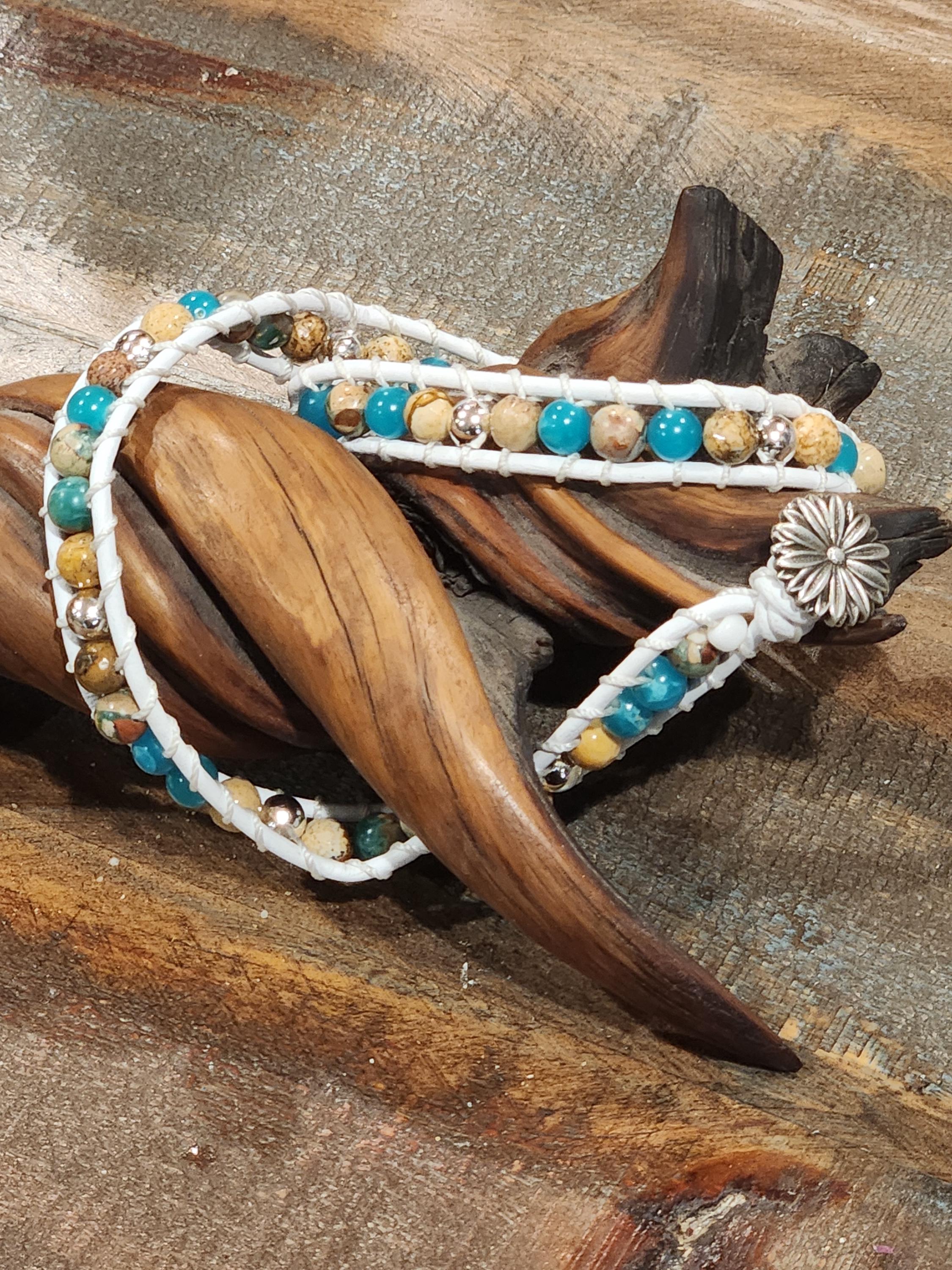 Handmade Double-wrap Beaded Leather Bracelet, Gemstone Beads - Image 1