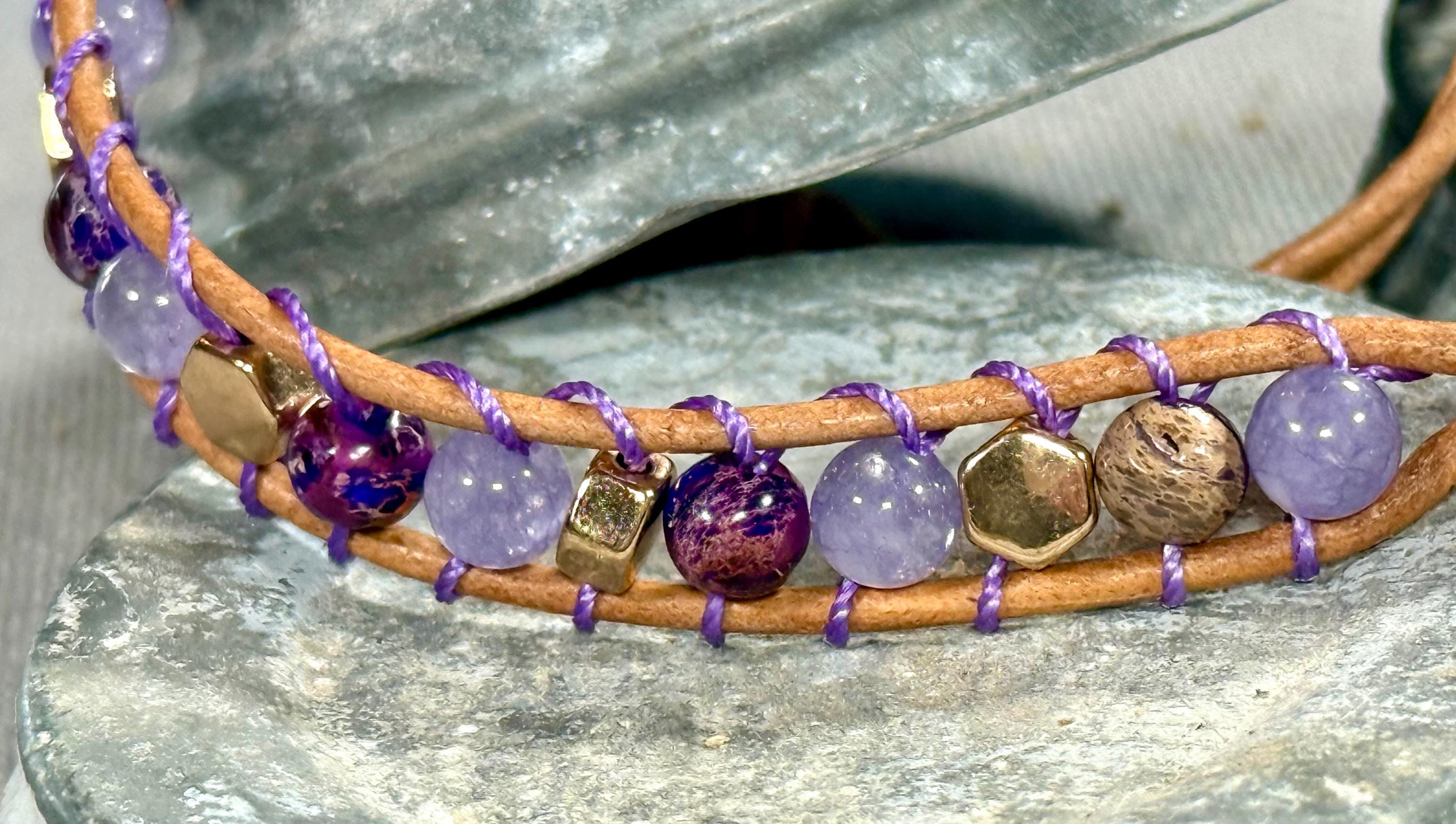 Handmade Double-wrap Beaded Leather Bracelet, Gemstone Beads - Thumbnail 2