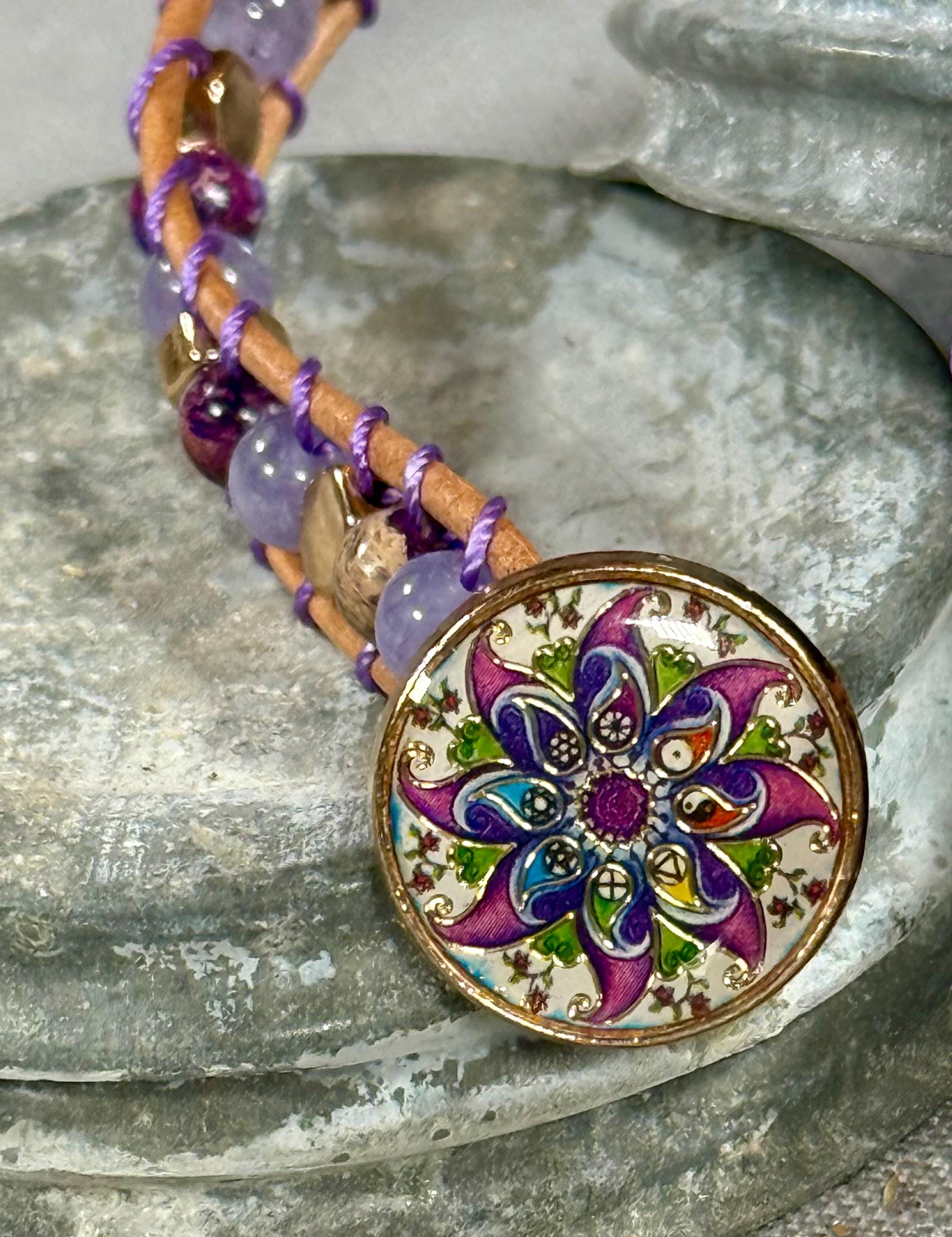 Handmade Double-wrap Beaded Leather Bracelet, Gemstone Beads - Thumbnail 3