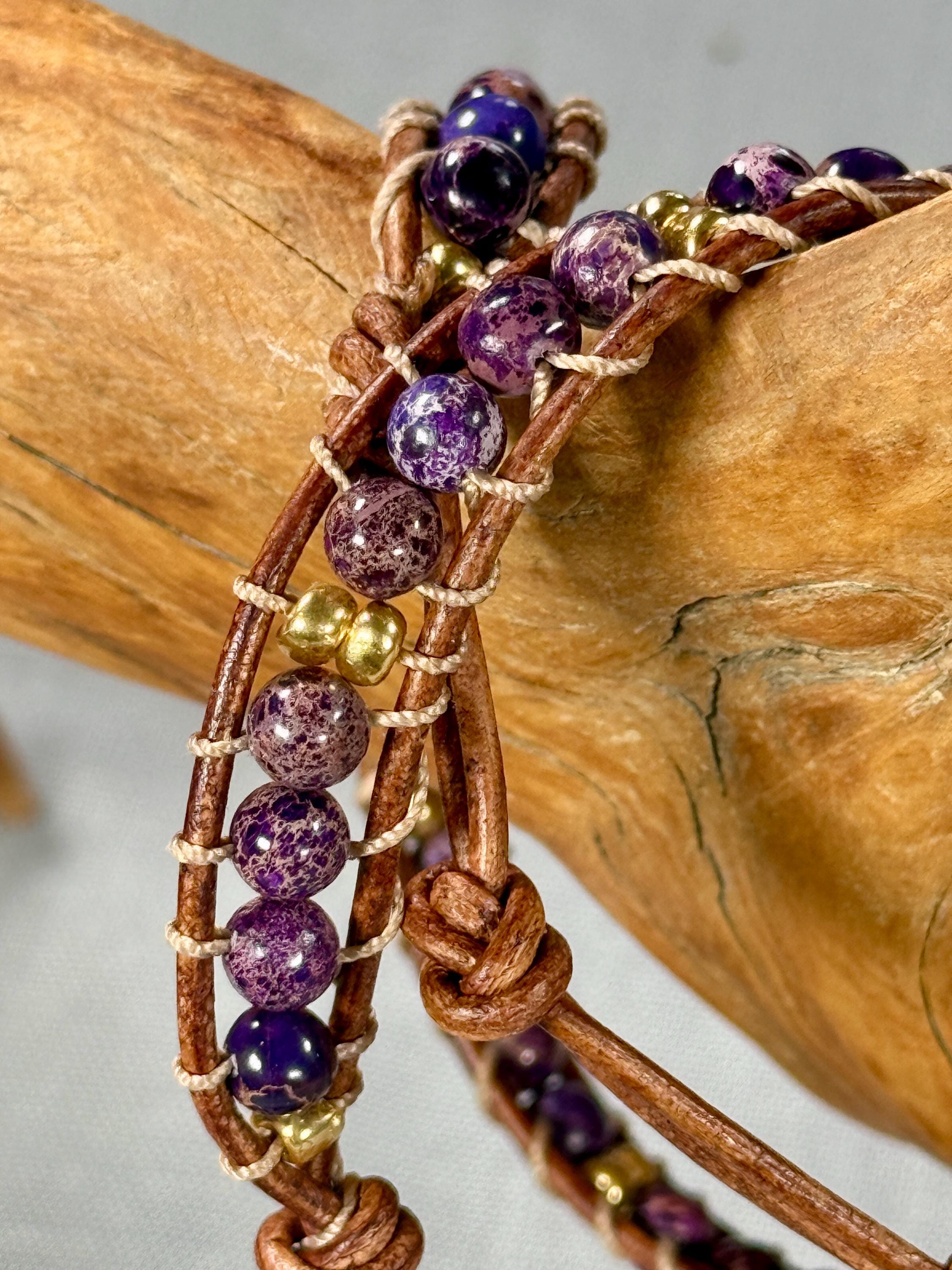 Handmade Double-wrap Beaded Leather Bracelet, Gemstone Beads - Thumbnail 2