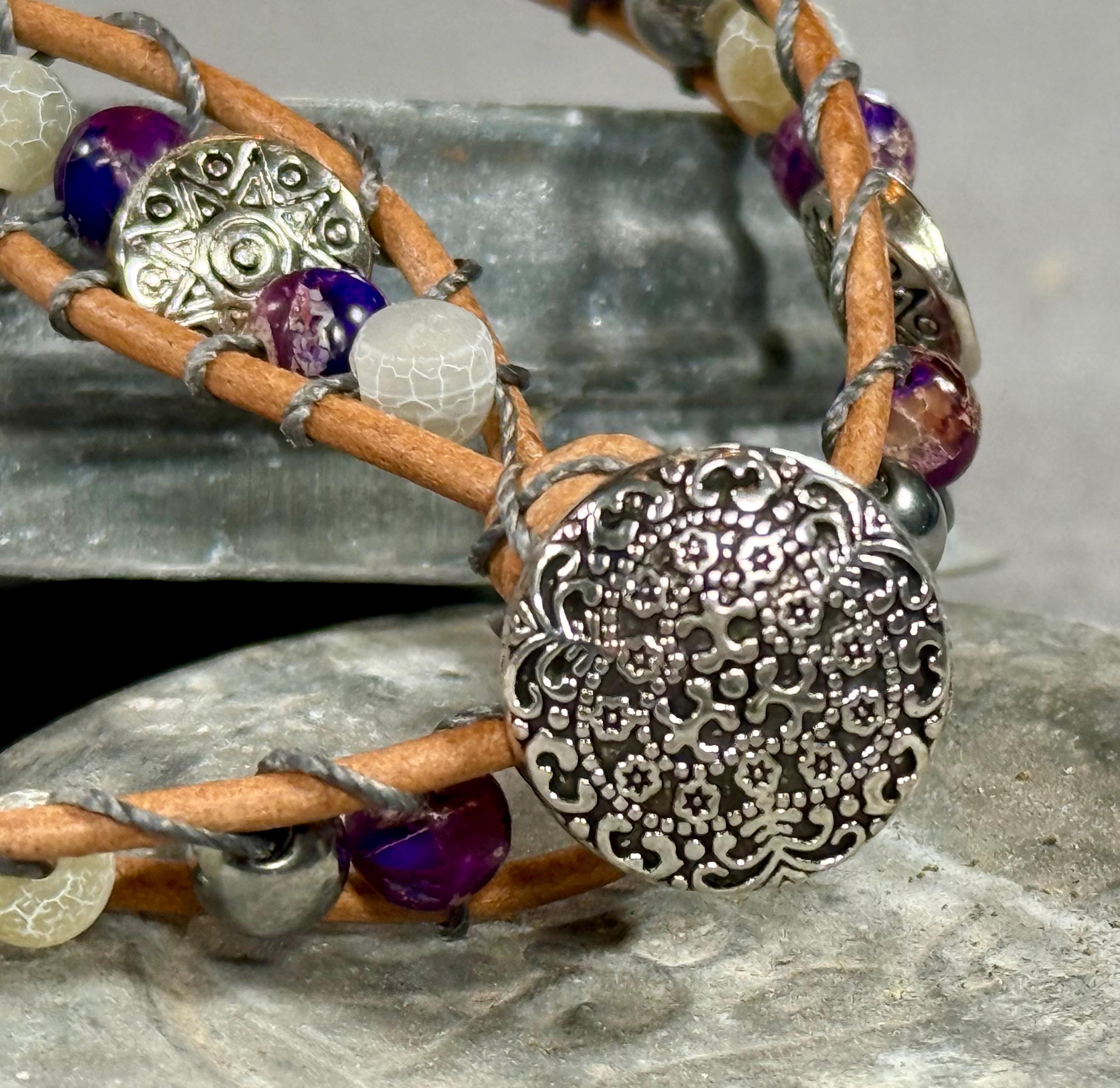 Handmade Double-wrap Beaded Leather Bracelet, Gemstone Beads - Thumbnail 3