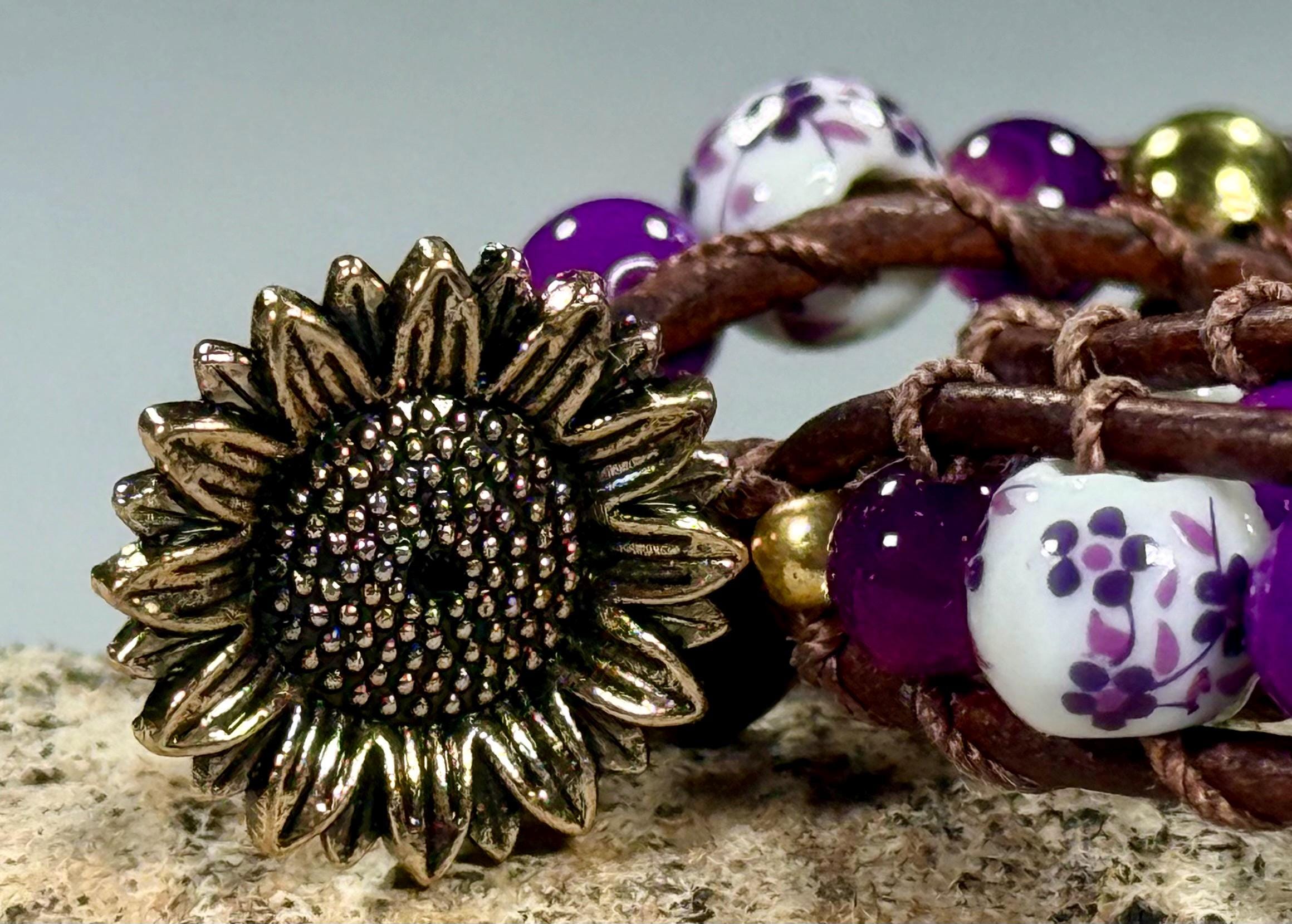 Handmade Double-wrap Beaded Leather Bracelet, Gemstone Beads - Thumbnail 2