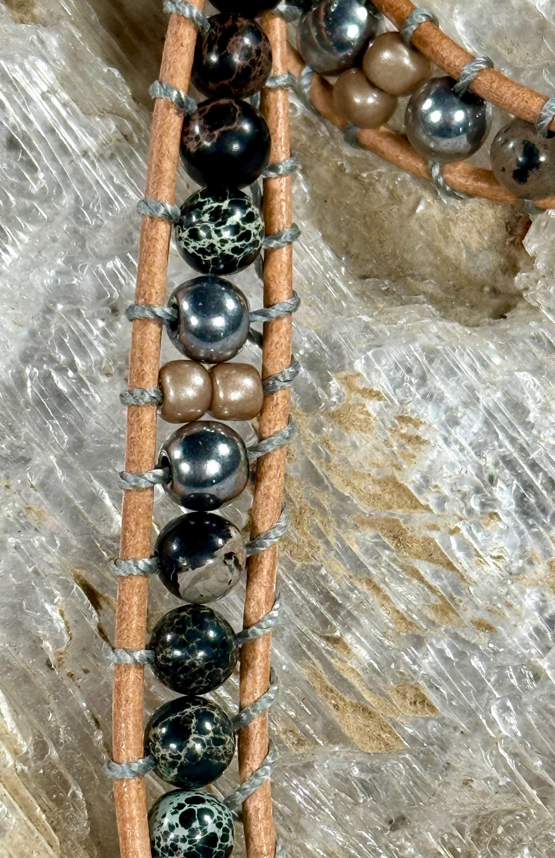 Handmade Double-wrap Beaded Leather Bracelet, Gemstone Beads - Thumbnail 2