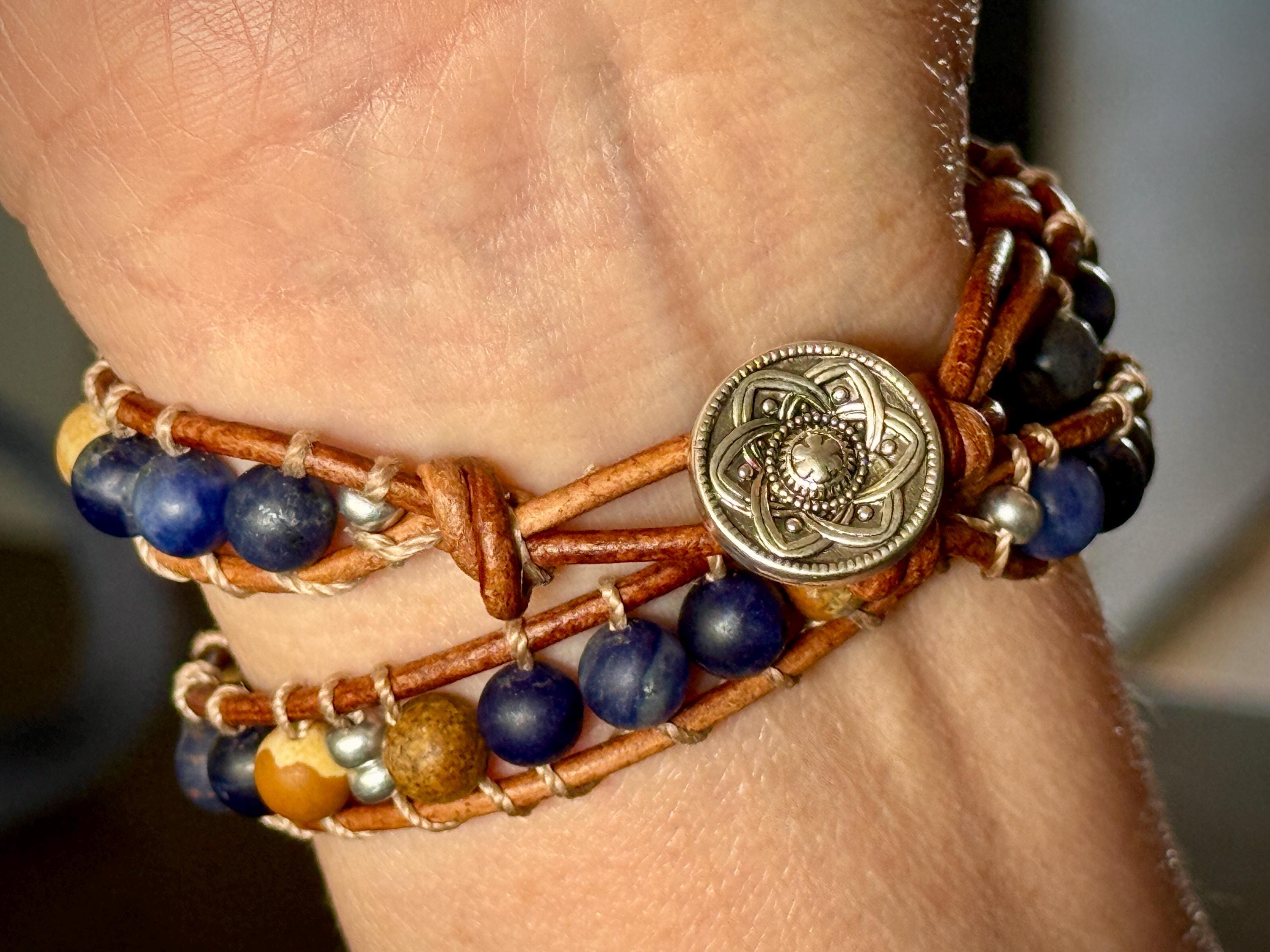 Handmade Beaded Leather Bracelet, Gemstone Beads - Thumbnail 5