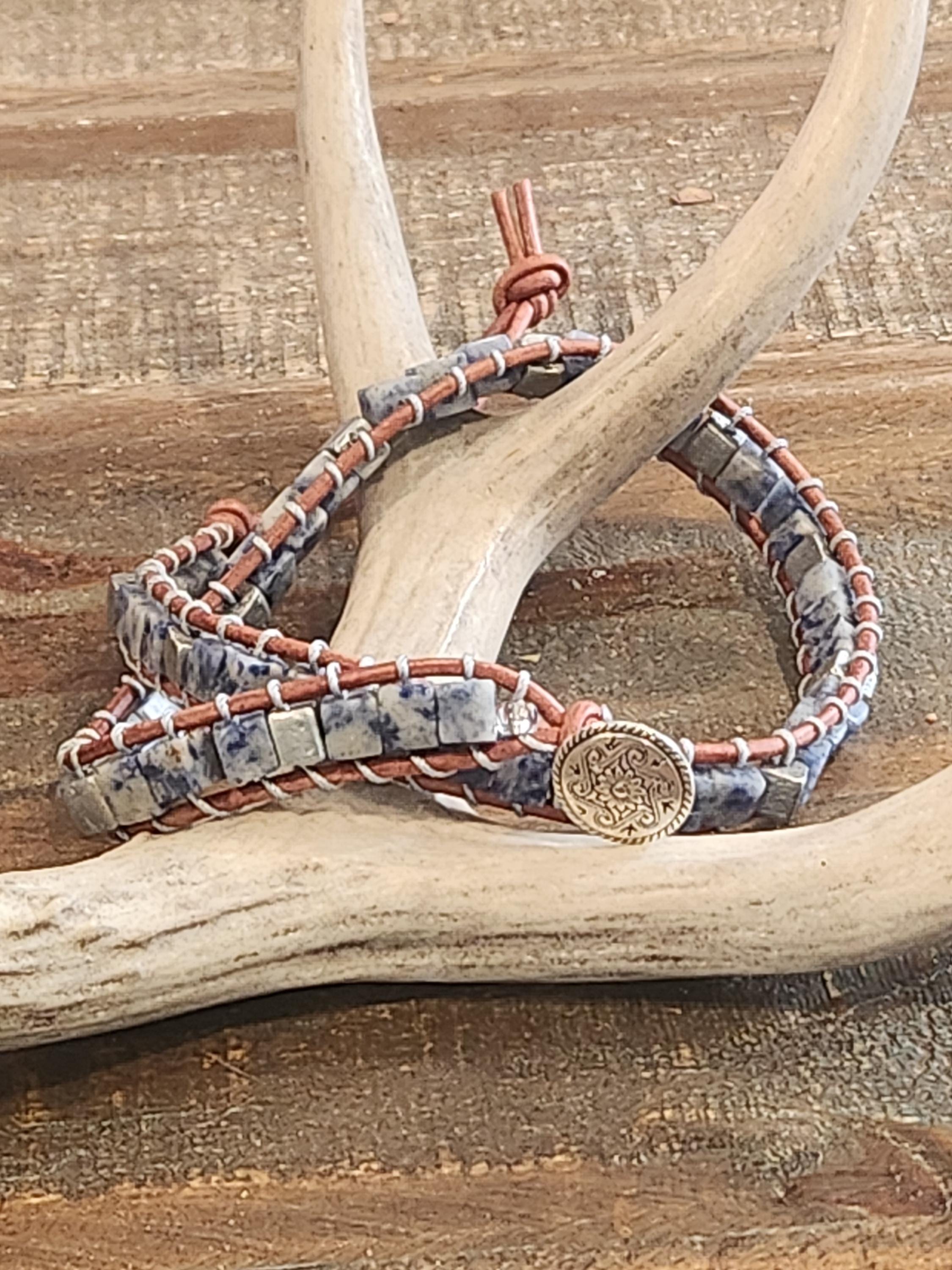 Handmade Double-wrap Beaded Leather Bracelet, Gemstone Beads - Thumbnail 2