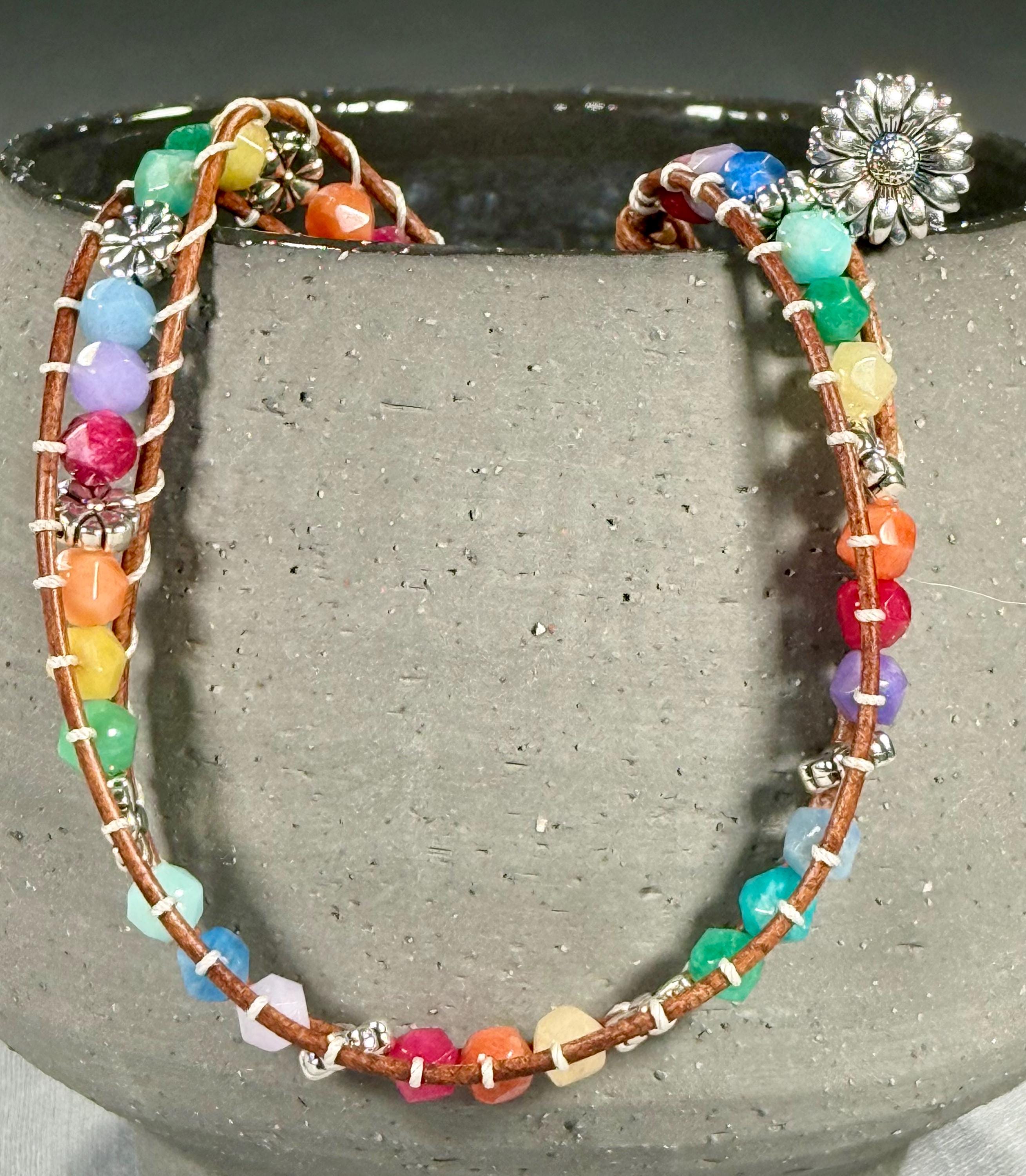 Handmade Double-wrap Beaded Leather Bracelet, Gemstone Beads, Flower Beads