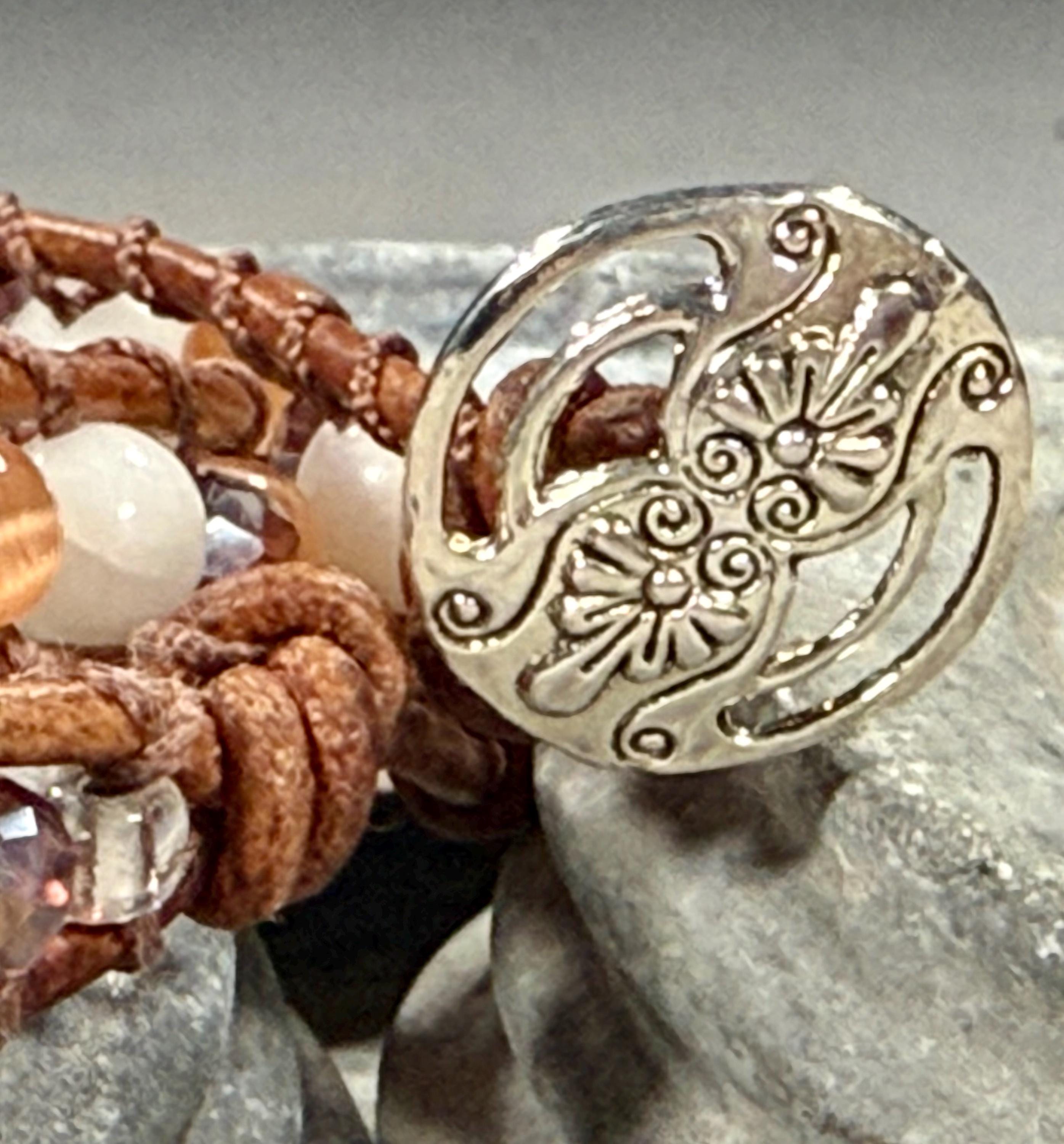 Handmade Double-wrap Beaded Leather Bracelet, Gemstone Beads - Thumbnail 2