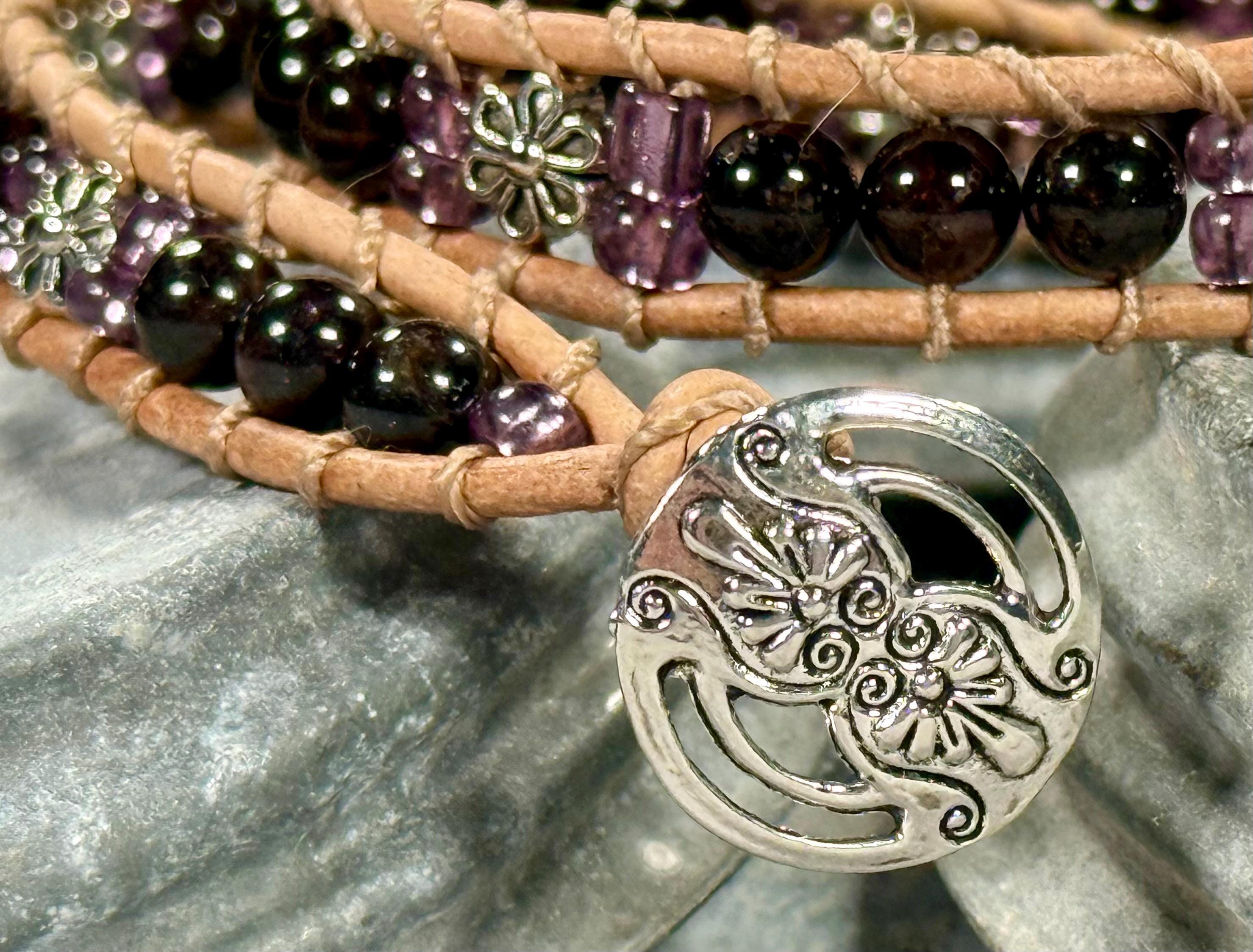 Handmade Double-wrap Beaded Leather Bracelet, Gemstone Beads, Flower Beads - Thumbnail 2