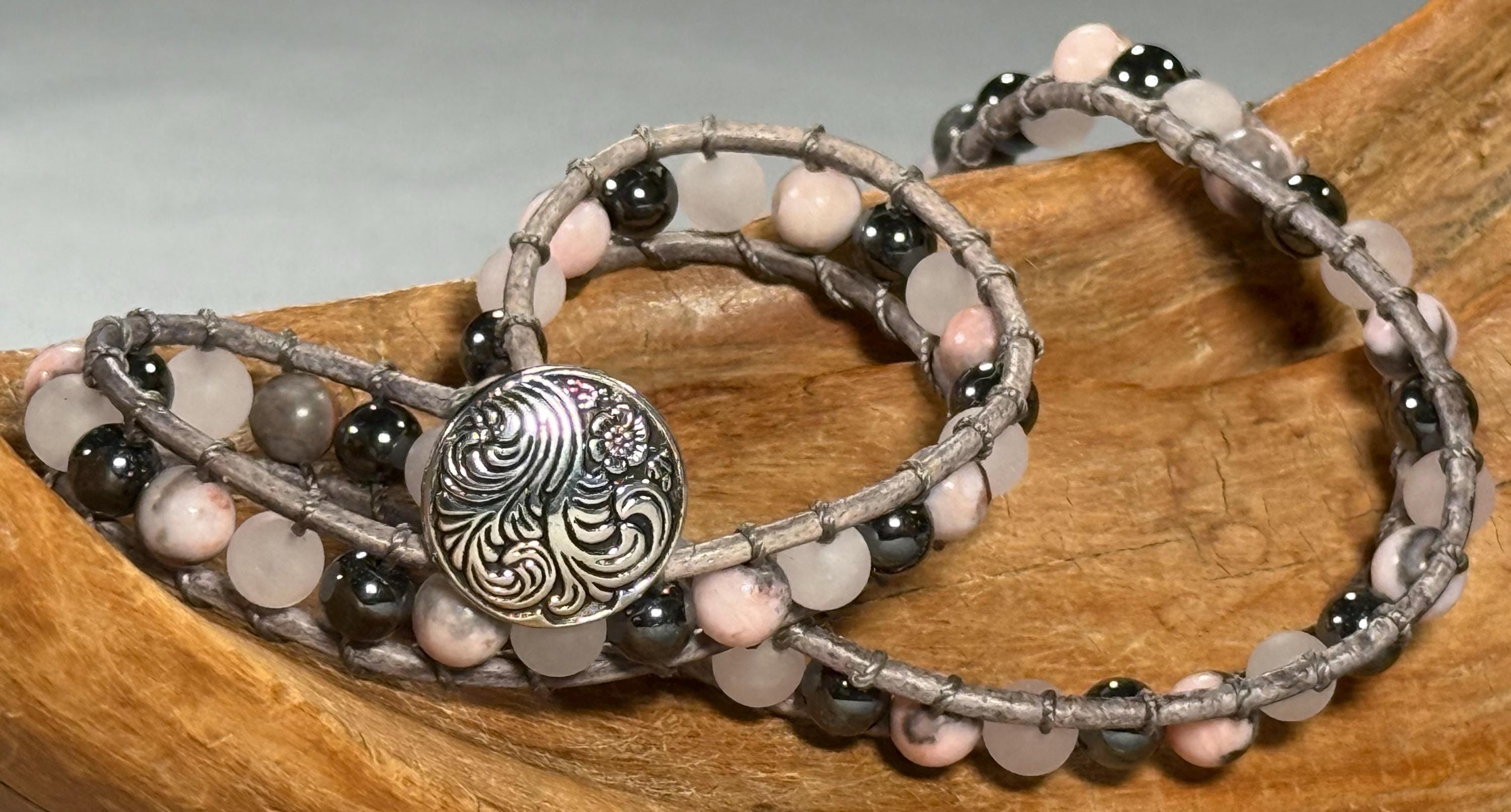 Handmade Double-wrap Beaded Leather Bracelet, Gemstone Beads
