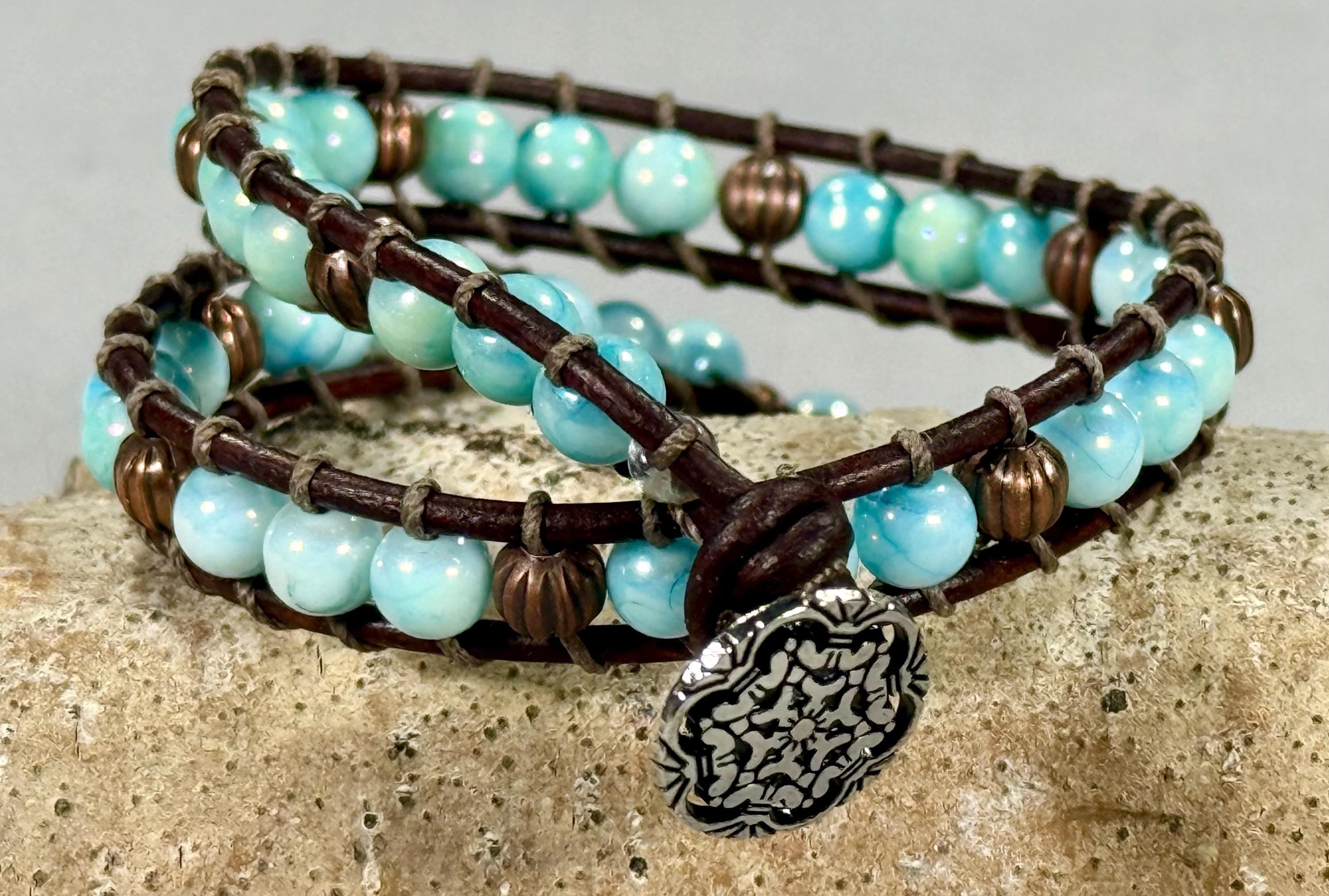 Handmade Double-wrap Beaded Leather Bracelet, Gemstone Beads