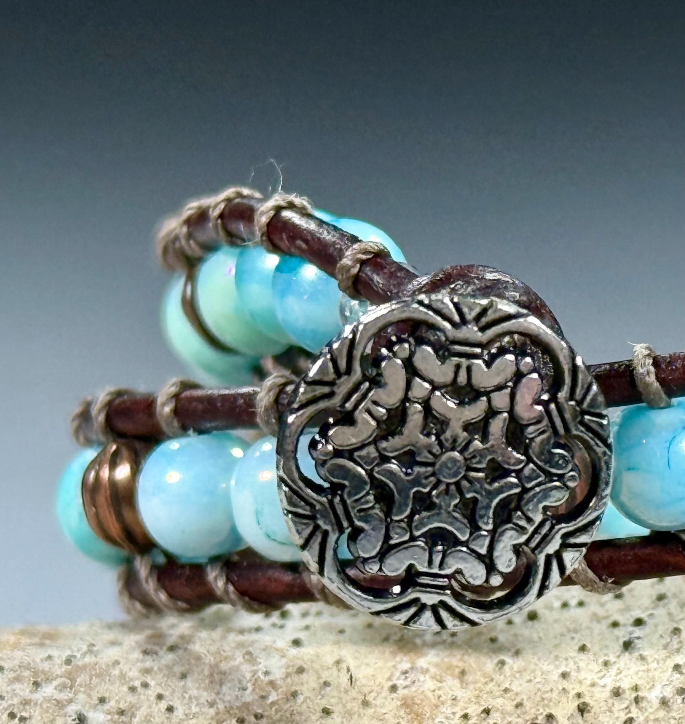 Handmade Double-wrap Beaded Leather Bracelet, Gemstone Beads - Thumbnail 2
