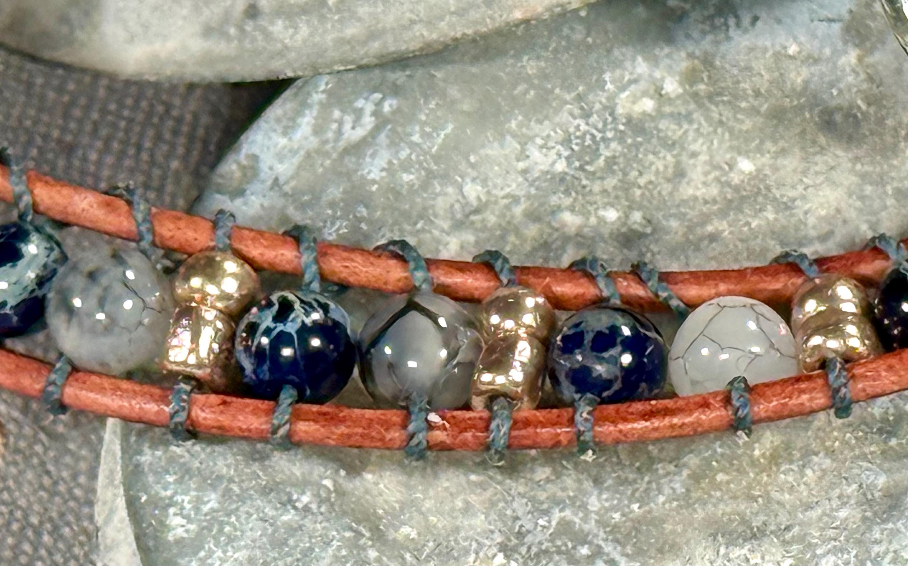 Handmade Double-wrap Beaded Leather Bracelet, Gemstone Beads - Thumbnail 2
