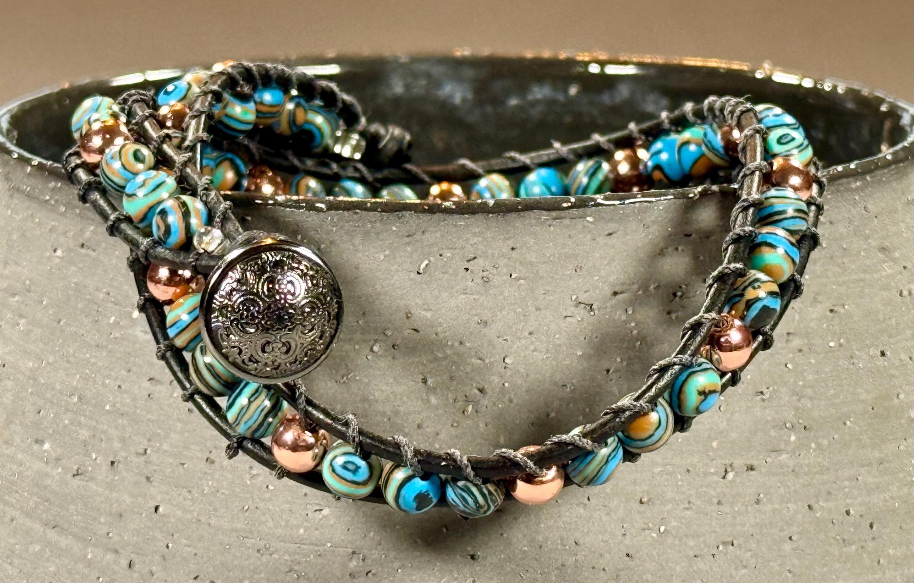 Handmade Double-wrap Beaded Leather Bracelet, Gemstone Beads