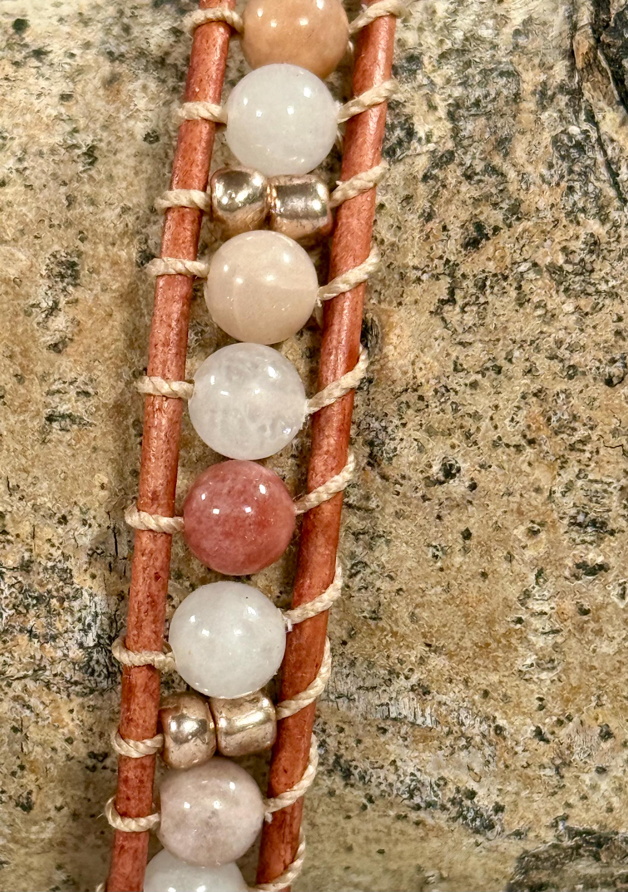 Handmade Double-wrap Beaded Leather Bracelet, Gemstone Beads - Thumbnail 2
