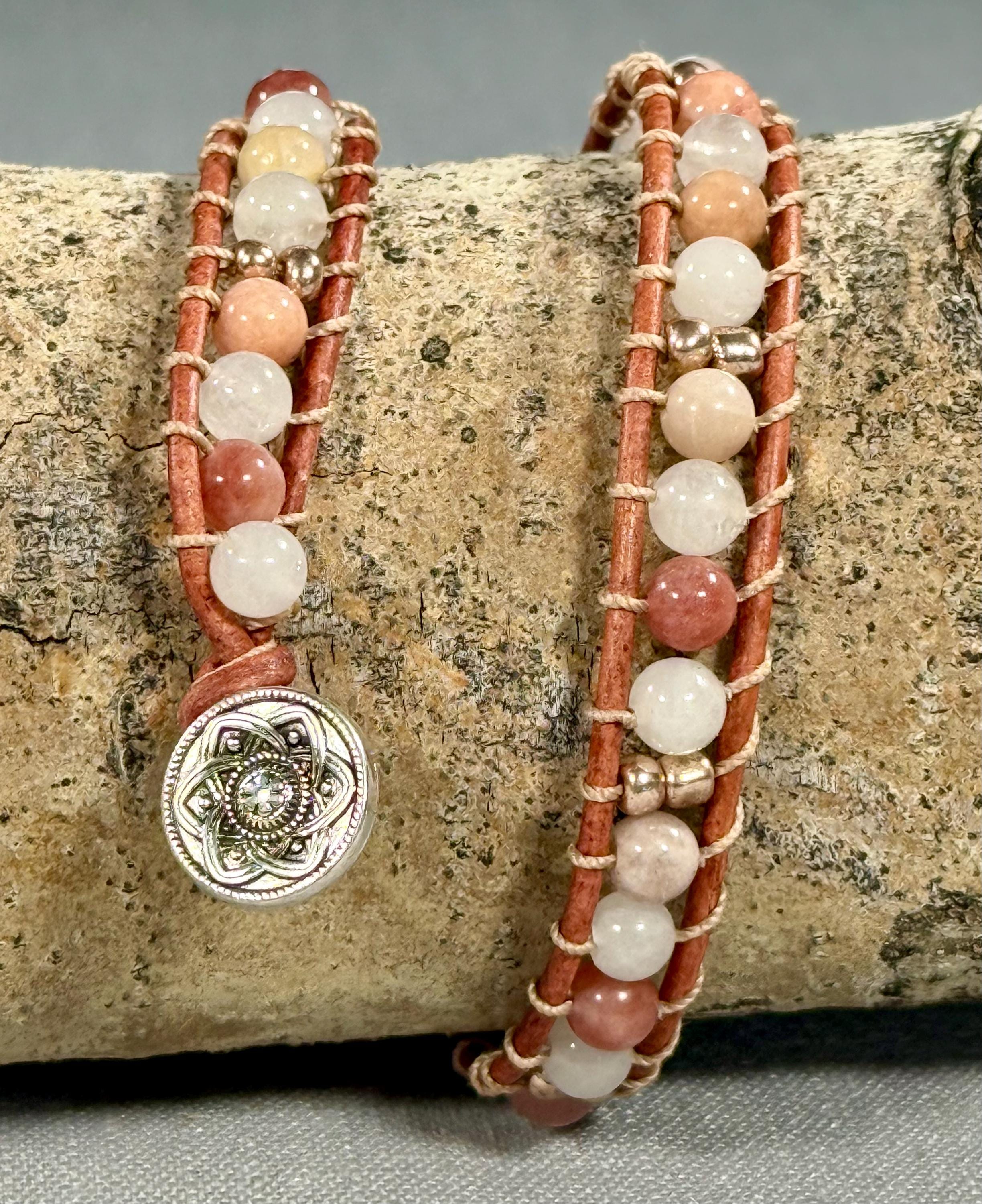 Handmade Double-wrap Beaded Leather Bracelet, Gemstone Beads