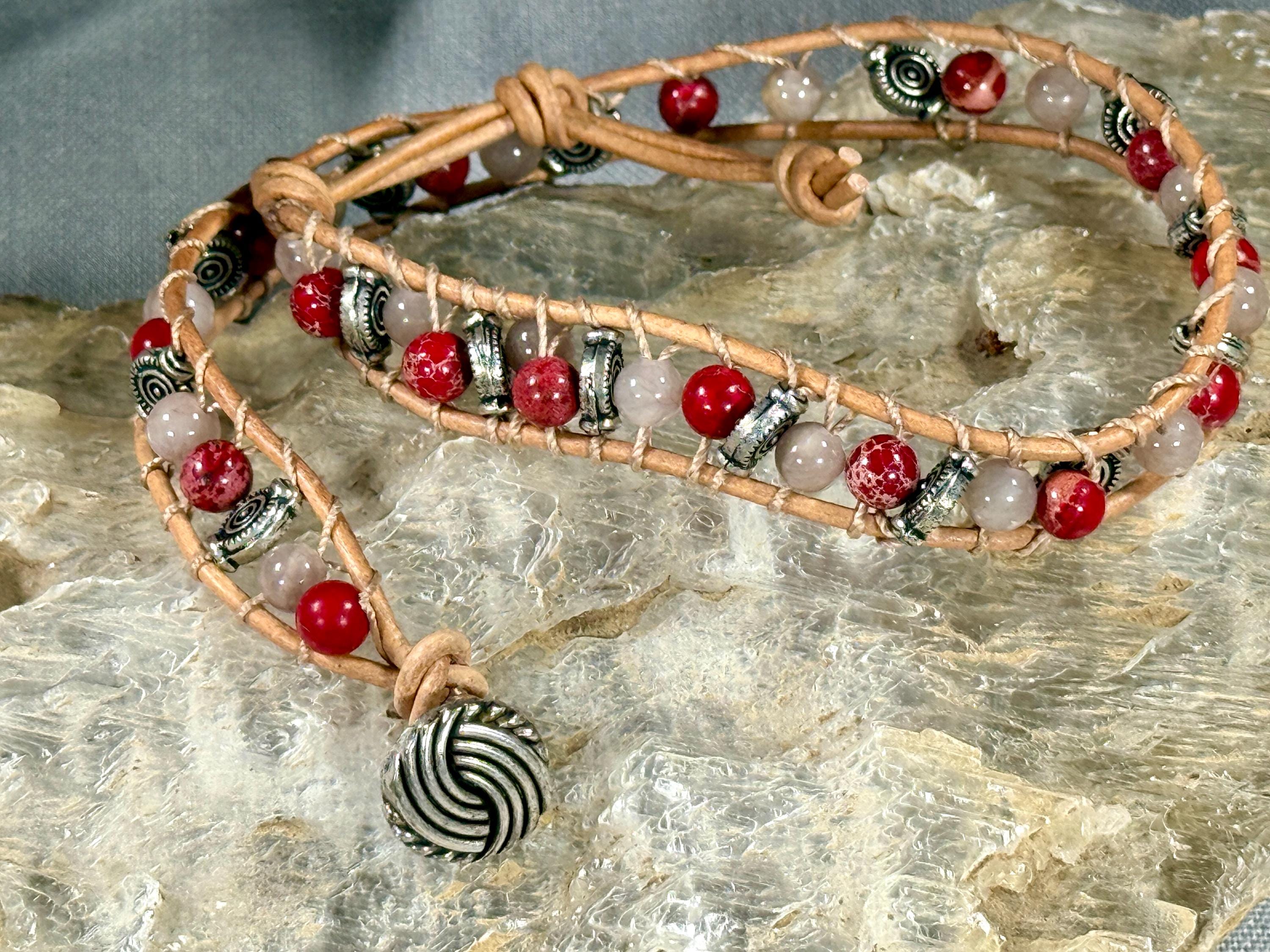 Handmade Double-wrap Beaded Leather Bracelet, Gemstone Beads - Image 1
