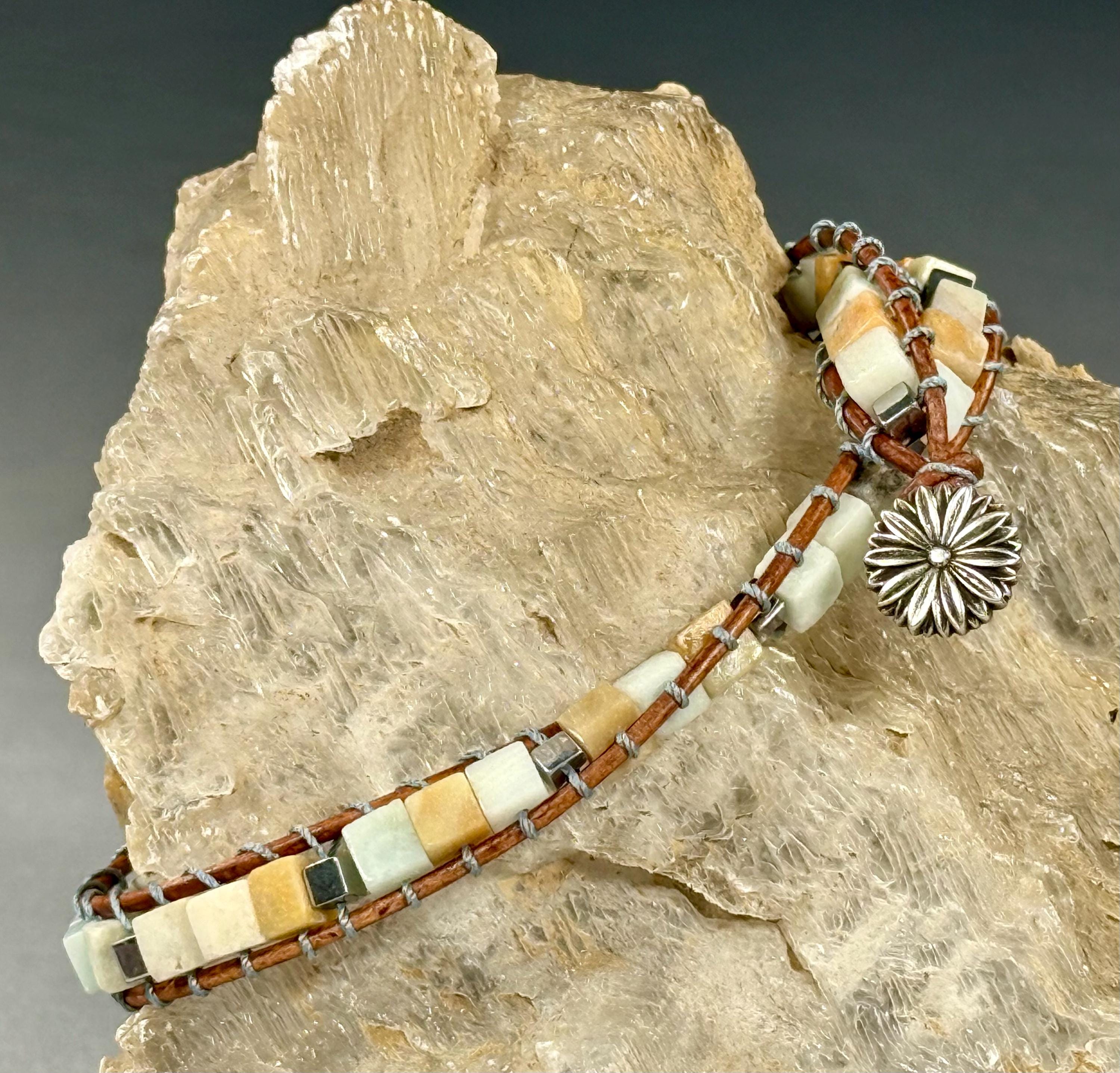 Handmade Double-wrap Beaded Leather Bracelet, Gemstone Beads