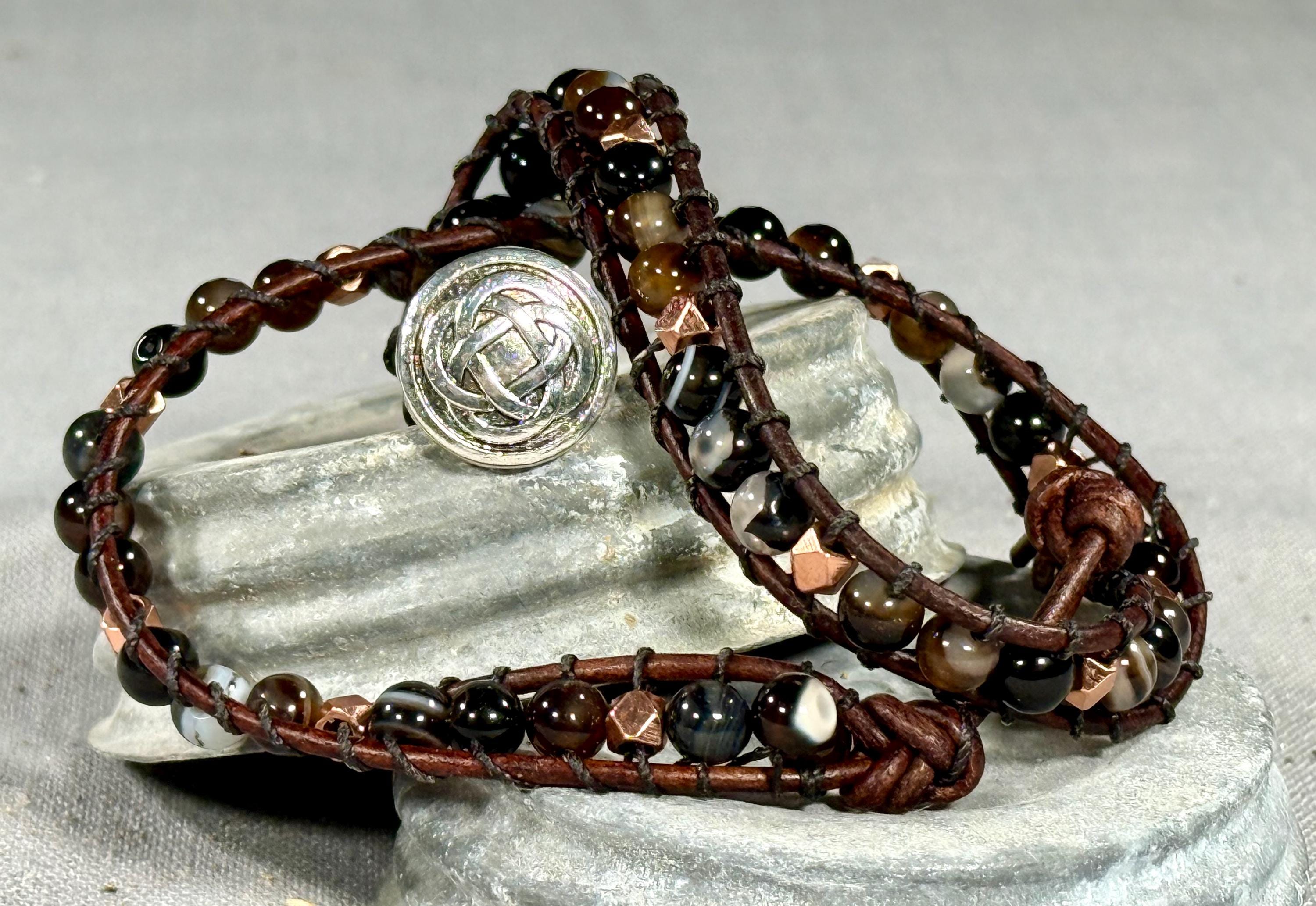 Handmade Double-wrap Beaded Leather Bracelet, Gemstone Beads