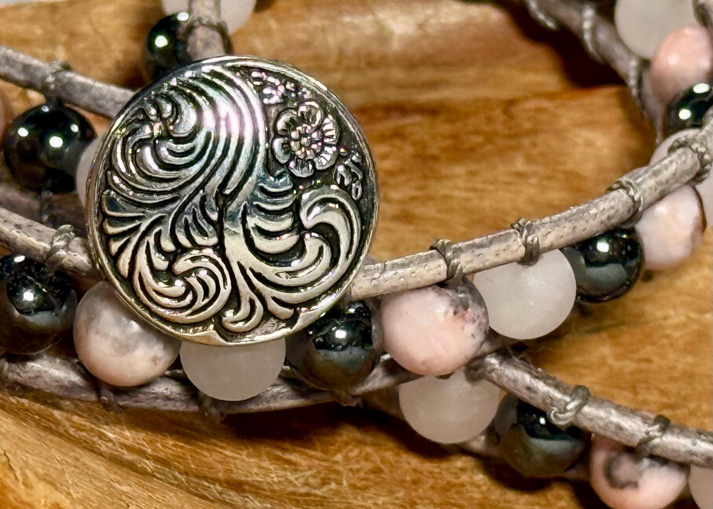 Handmade Double-wrap Beaded Leather Bracelet, Gemstone Beads - Thumbnail 2
