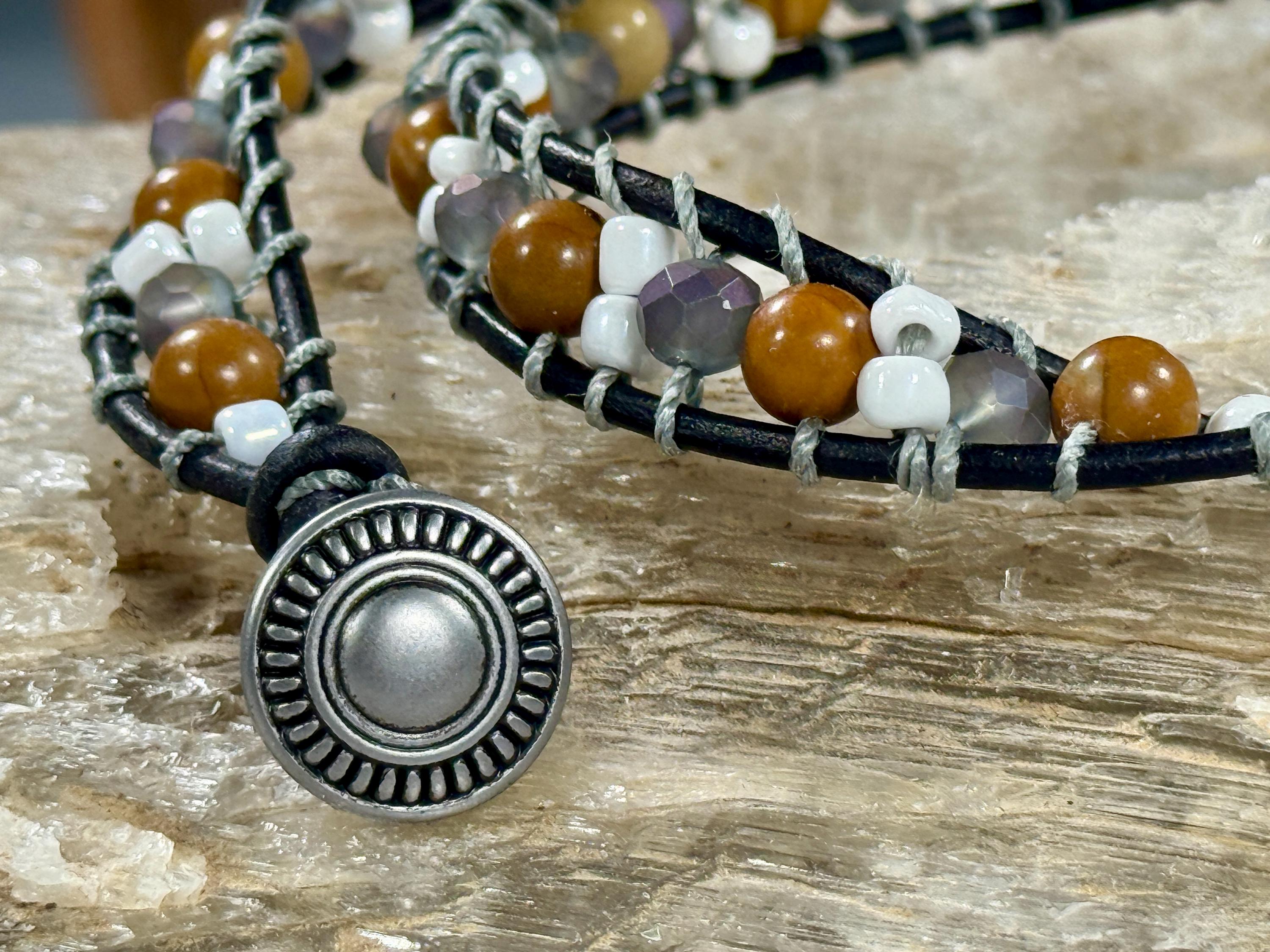 Handmade Double-wrap Beaded Leather Bracelet, Gemstone Beads - Thumbnail 3