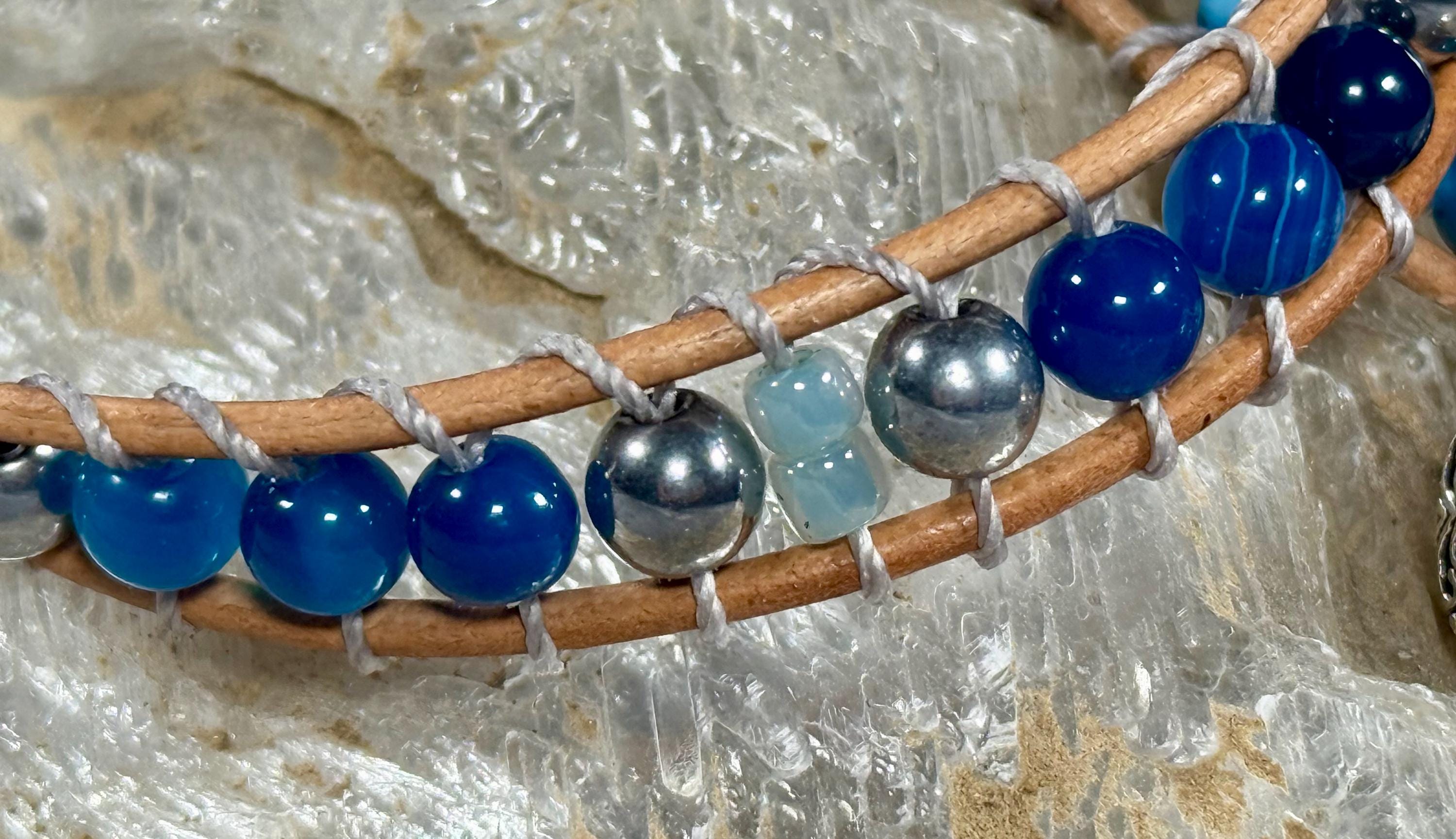 Handmade Double-wrap Beaded Leather Bracelet, Gemstone Beads - Thumbnail 2