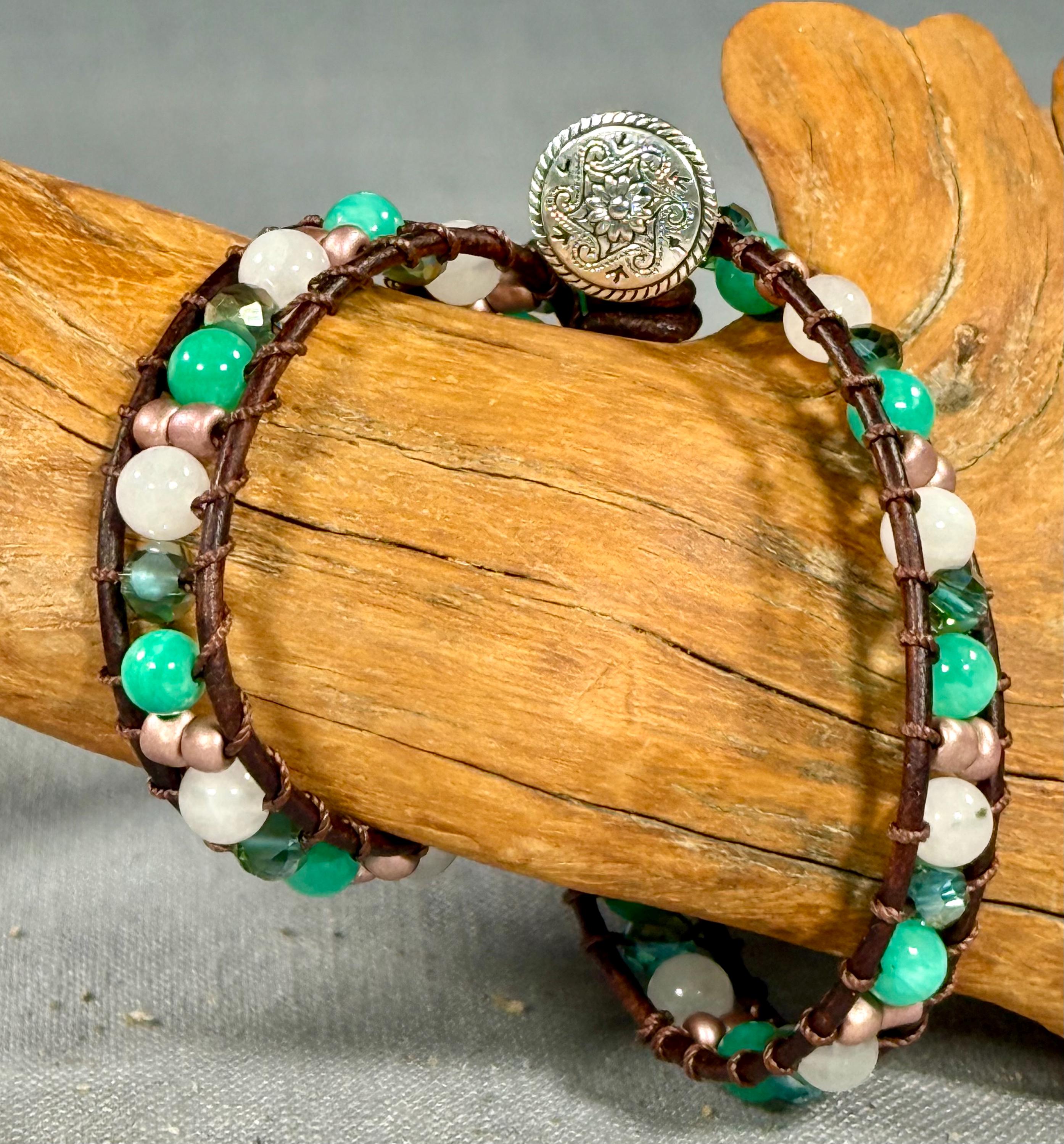 Handmade Double-wrap Beaded Leather Bracelet, Gemstone Beads