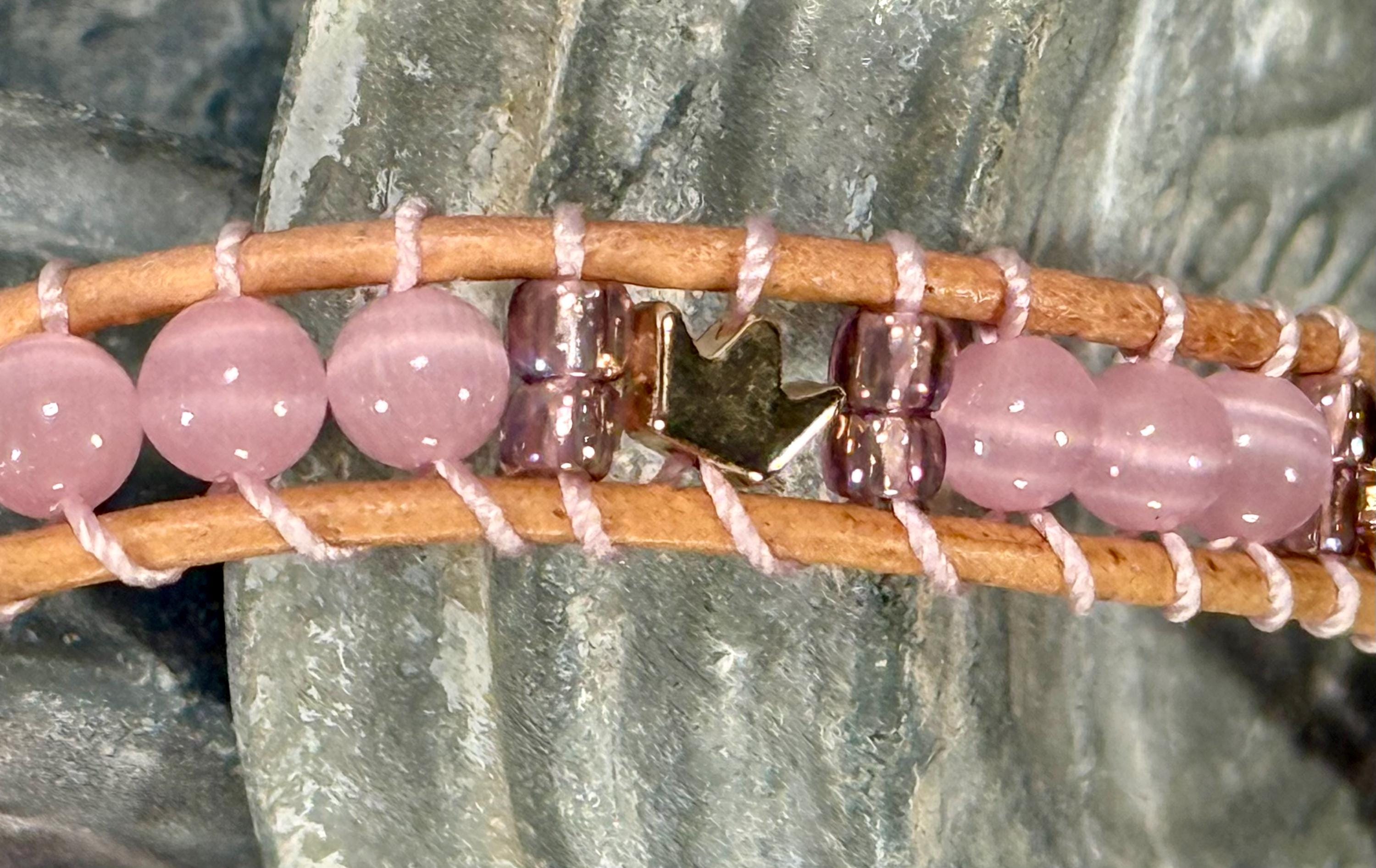 Handmade Double-wrap Beaded Leather Bracelet, Gemstone Beads, Crown Beads - Thumbnail 3