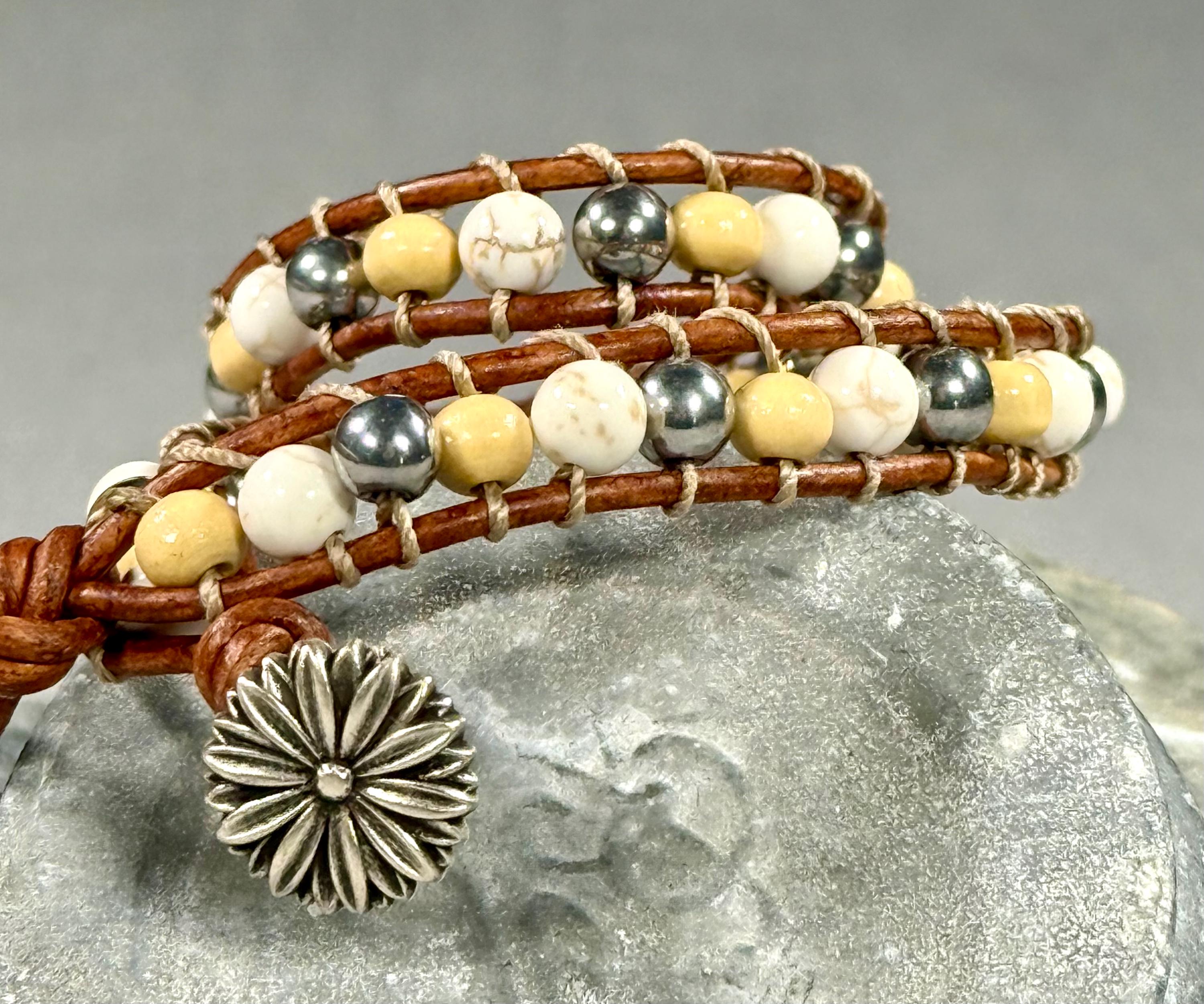 Handmade Double-wrap Beaded Leather Bracelet, Gemstone Beads, Wood Beads