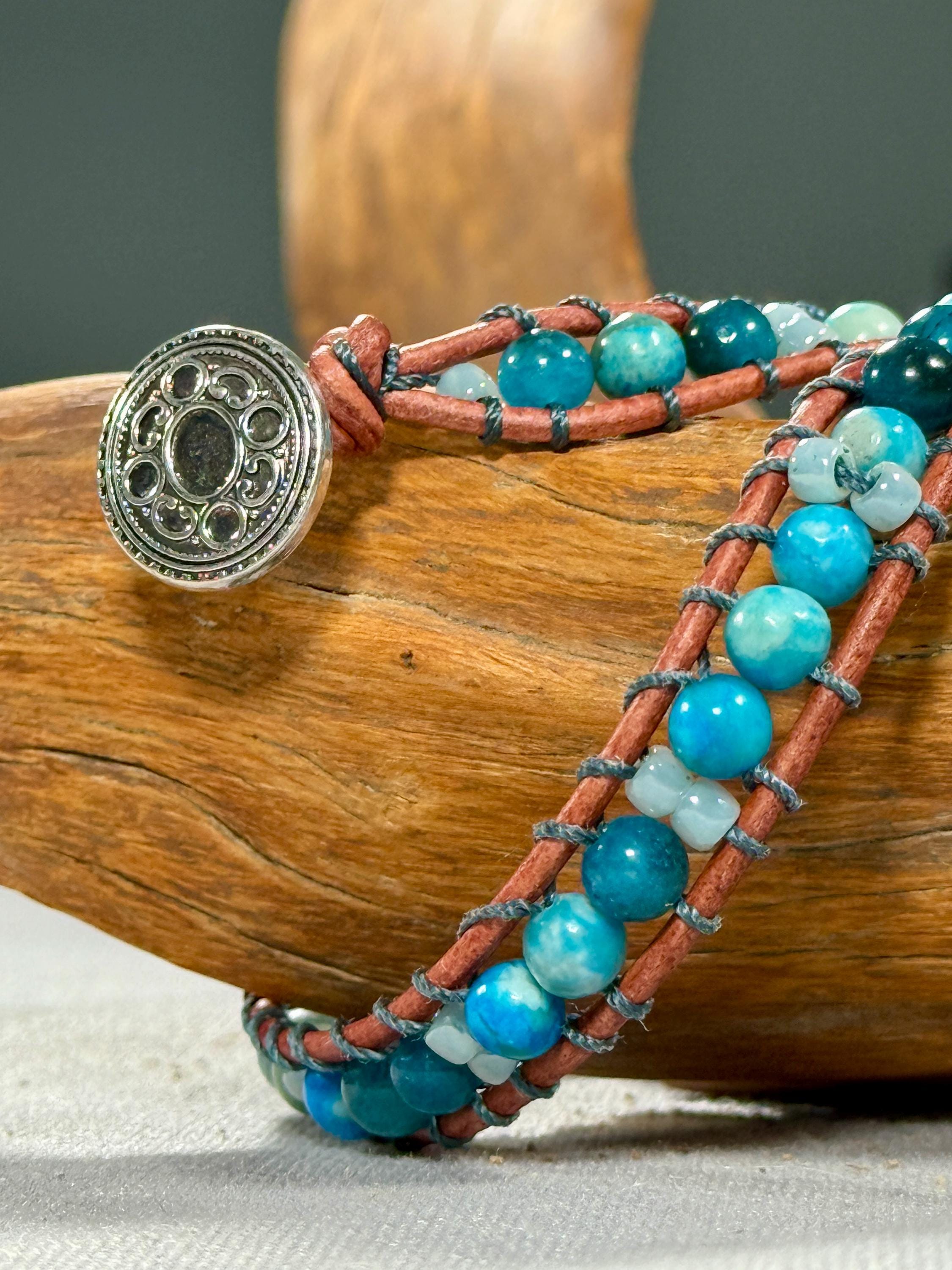 Handmade Double-wrap Beaded Leather Bracelet, Gemstone Beads - Thumbnail 2